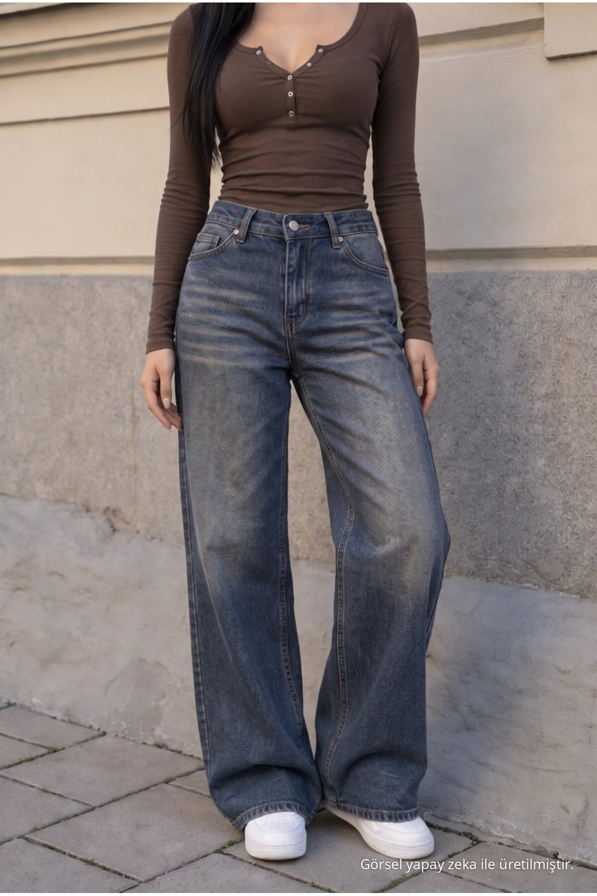 Kadın Bol Paça Jean Pantolon High Waist LACİVERT EFEKTLİ 4