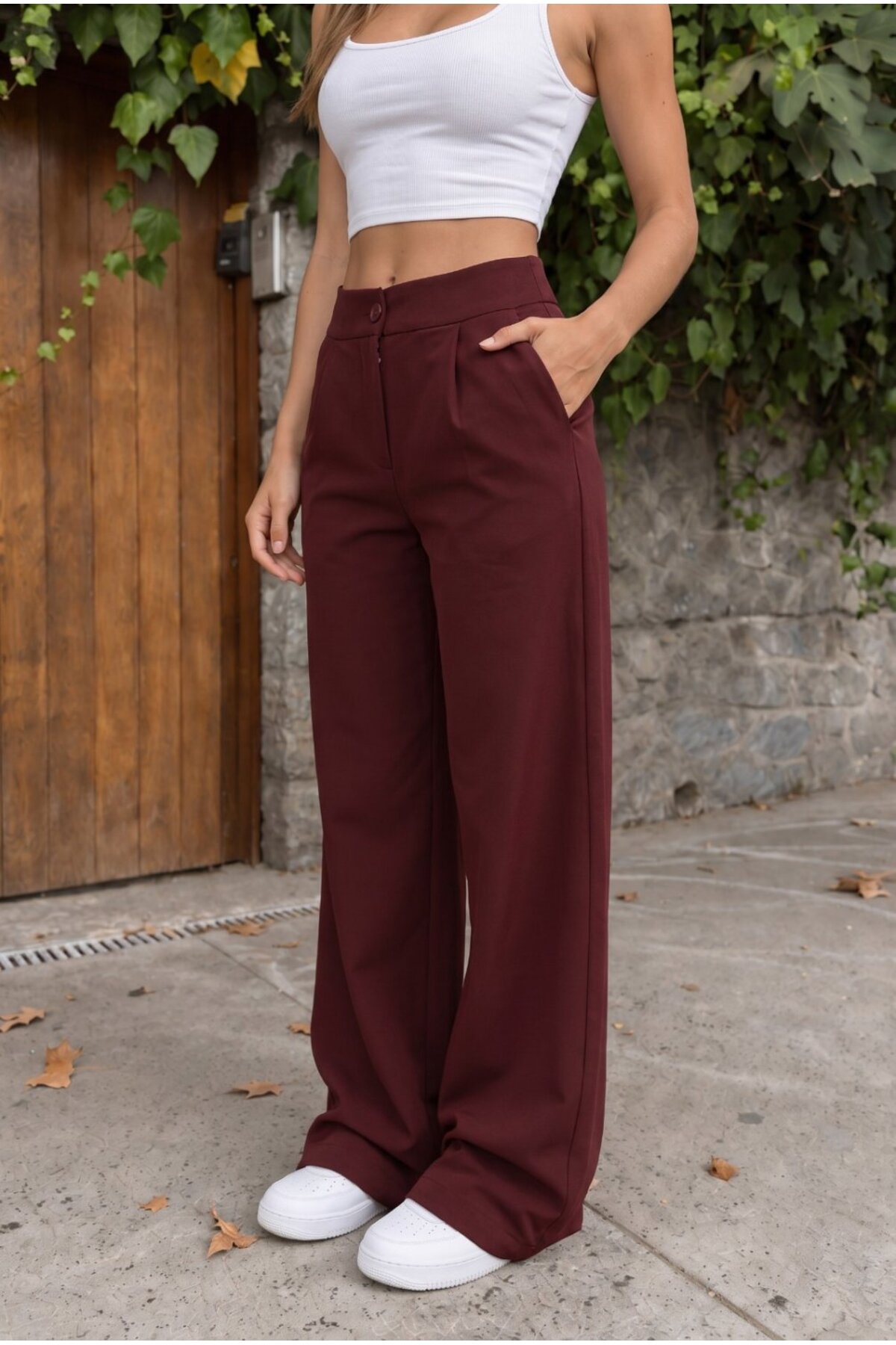 Yüksek Bel Wide Leg Bol Paça Düğmeli Kumaş Pantolon BORDO 4