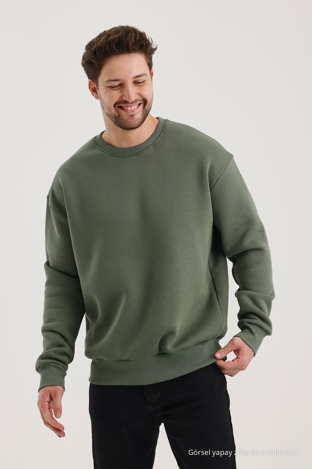 HAKİ Bisiklet Yaka Oversize Şardonlu Basic Erkek Sweatshirt 3