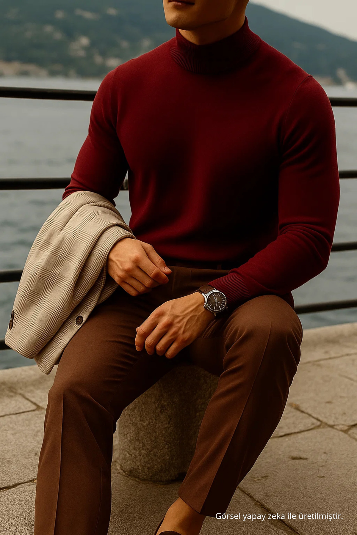 Erkek Boğazlı Casual Bordo Triko Kazak 5