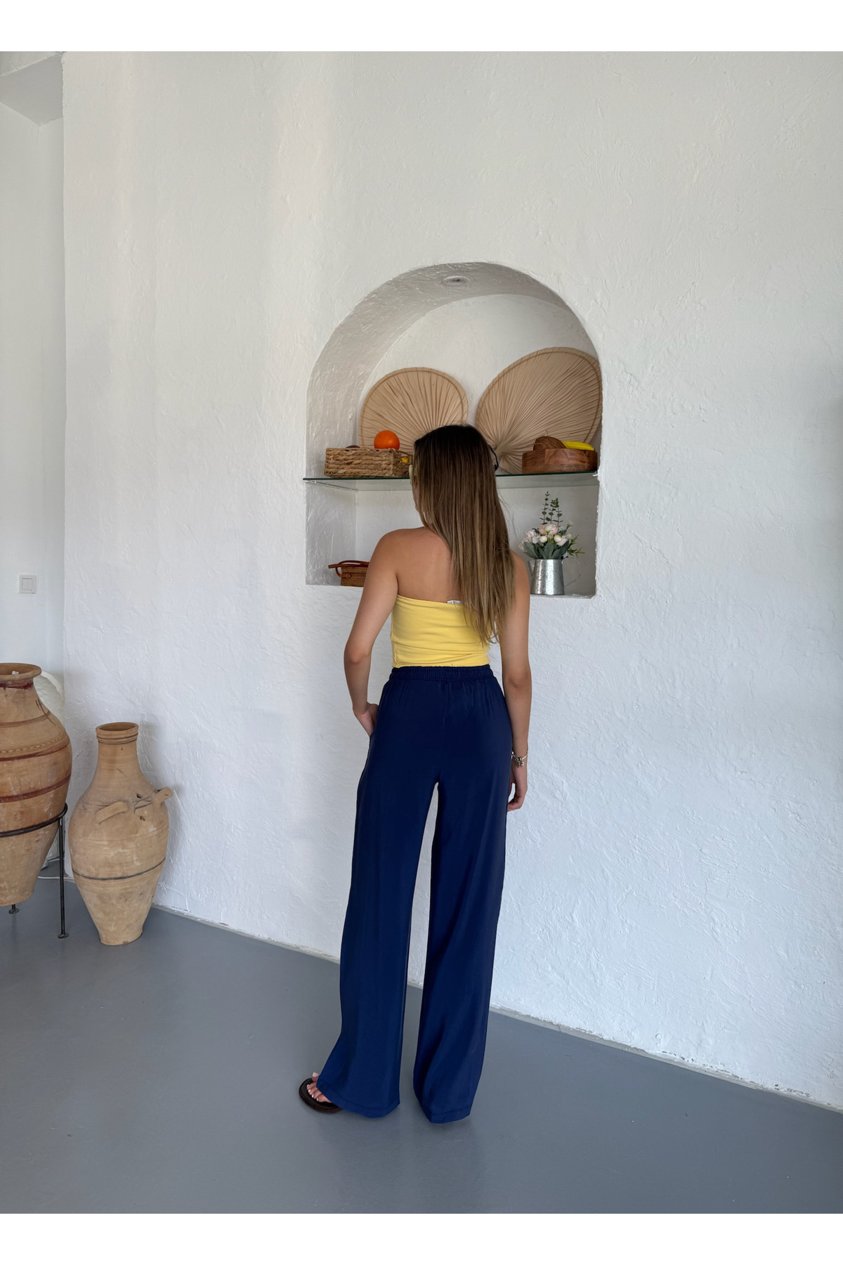 Kadın Bol Paça Beli Lastikli Baggy Pantolon Lacivert 6