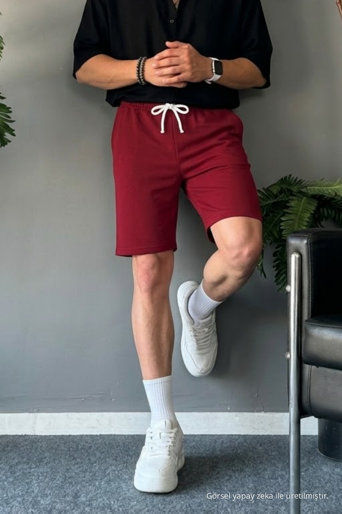 Erkek Beli Lastikli Rahat Basic Bordo Şort 4
