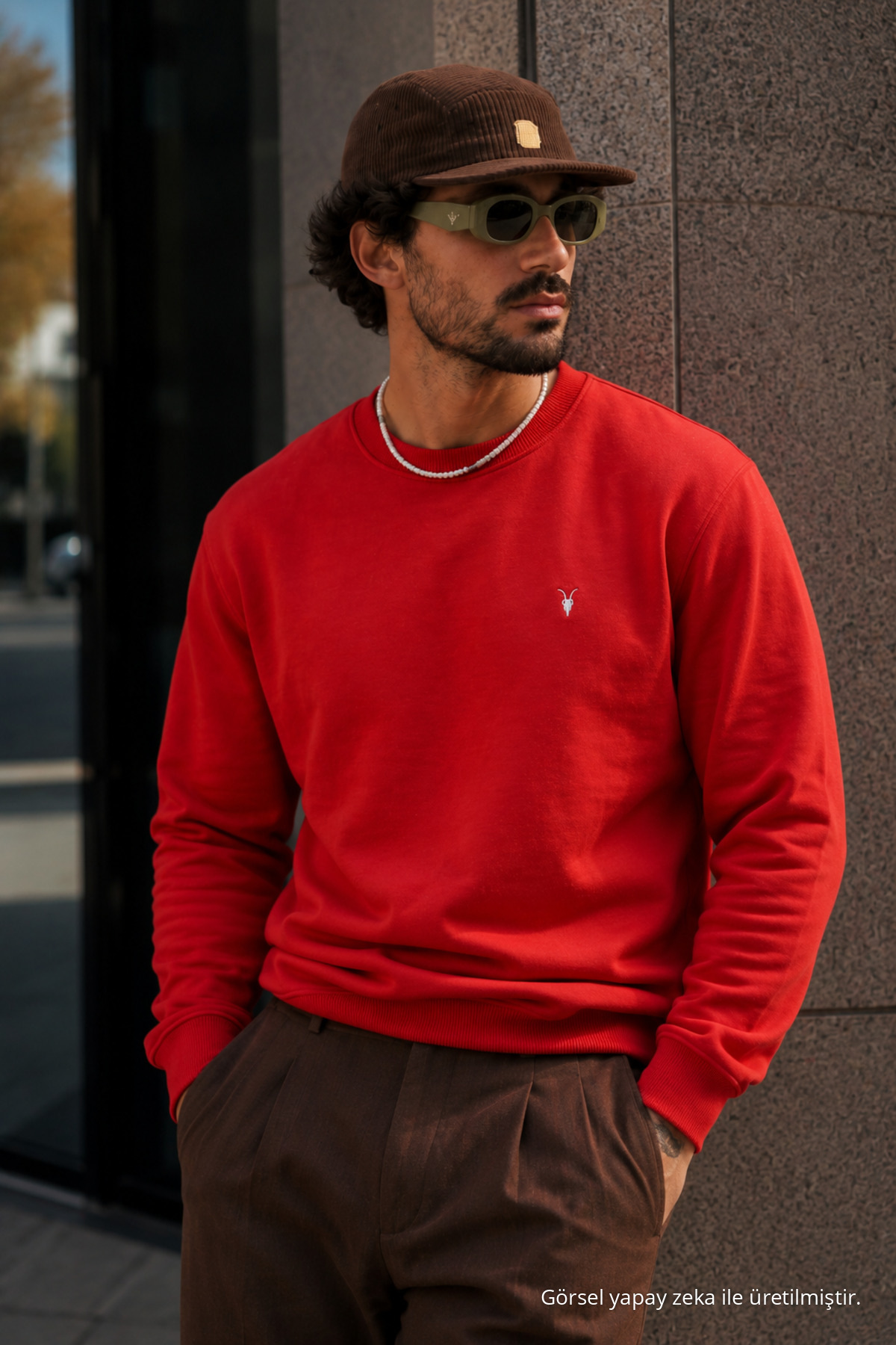 KIRMIZI Bol Kesim Rahat Erkek Sweatshirt 3