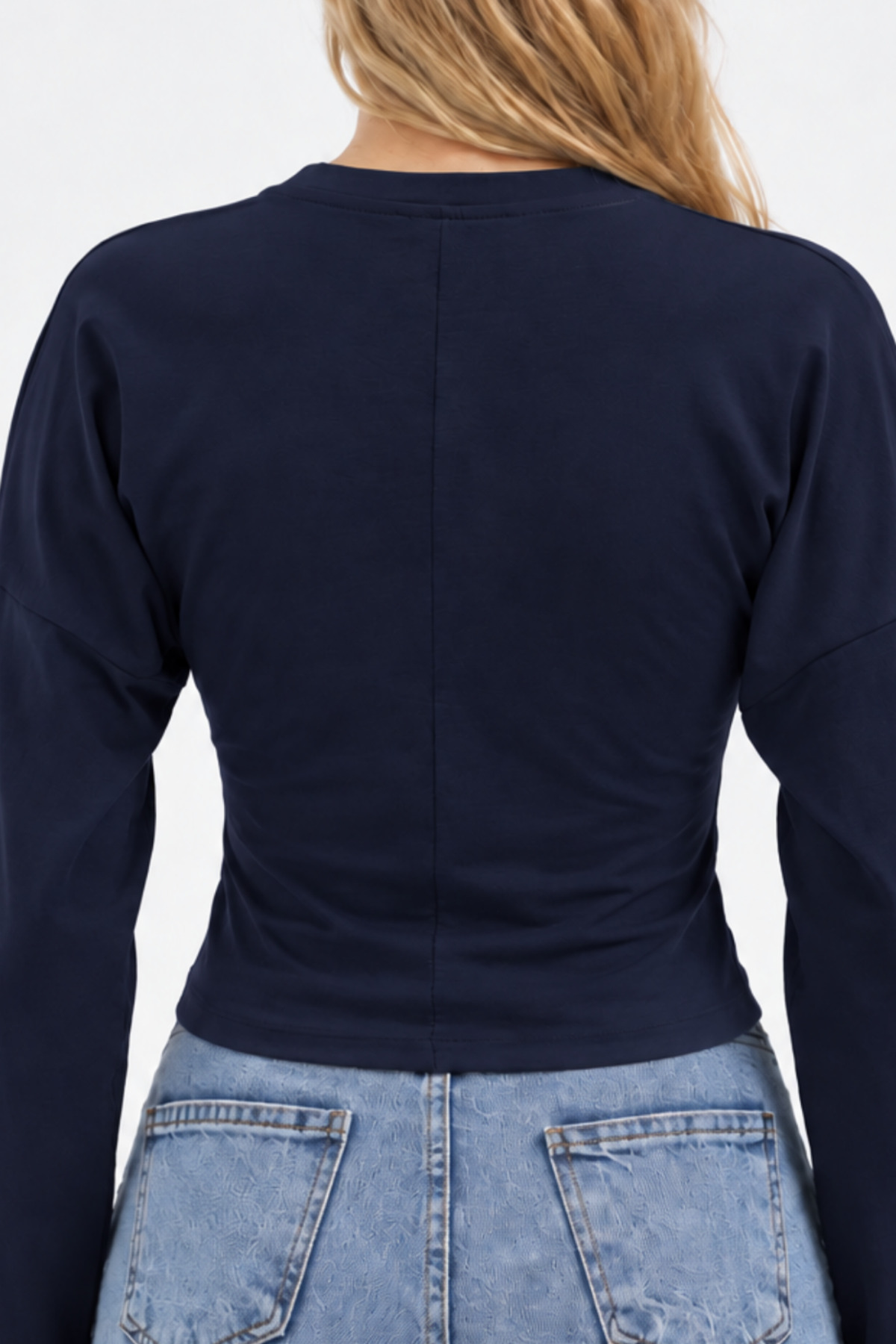 Lacivert Bisiklet Yaka Uzun Kollu Crop Bluz 6