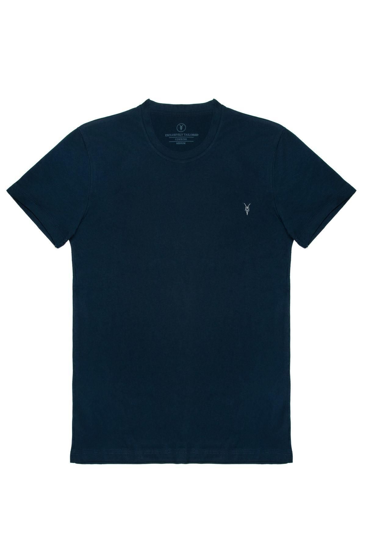 Erkek LACİVERT %100 Pamuk Slim Fit Bisiklet Yaka Kısa Kollu Tişört 6