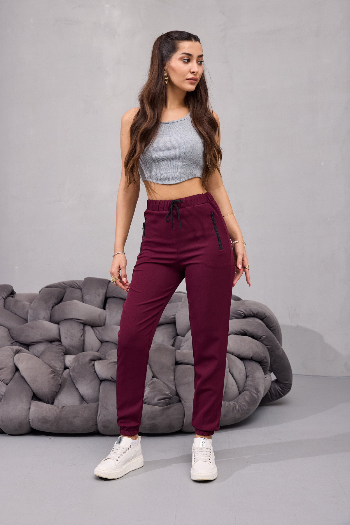 Kadın Yüksek Bel Likralı Rahat Kumaş Jogger Beli Lastikli Pantolon BORDO 5