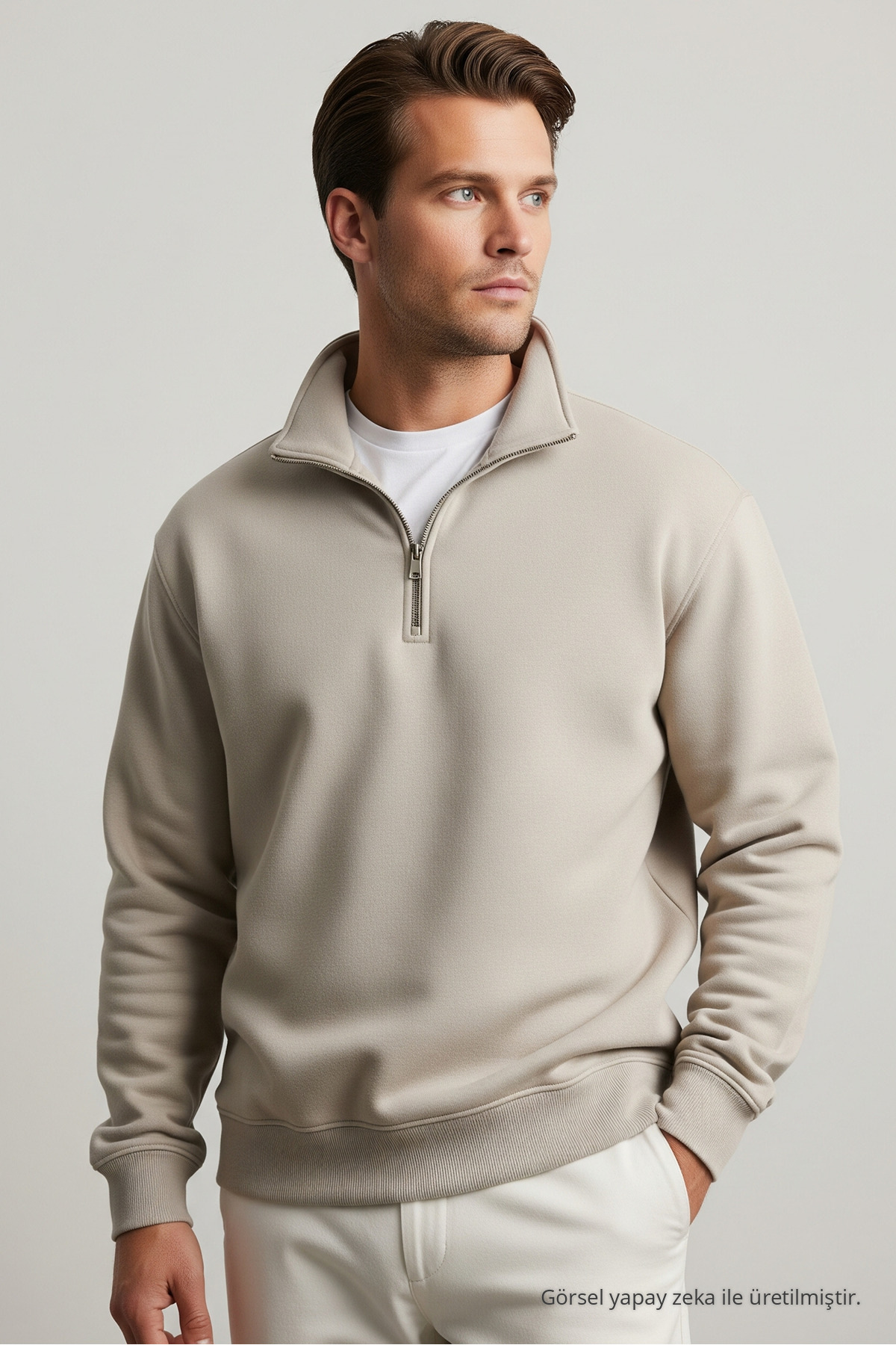 Erkek Kışlık Yarım Fermuarlı 3 Lü Sweatshirt GRİ 4