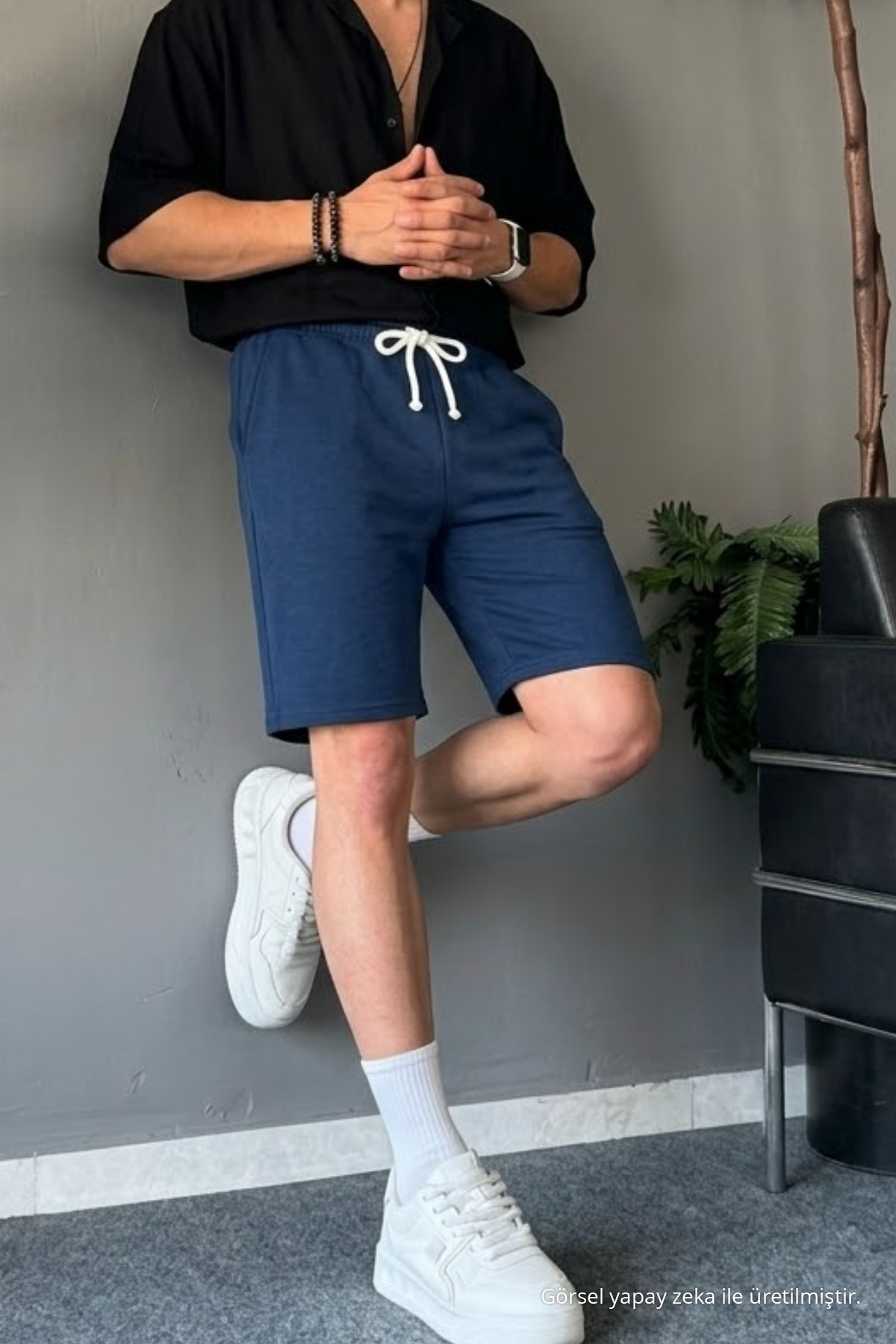 Erkek Bel Lastikli Rahat Basic Lacivert Şort 4