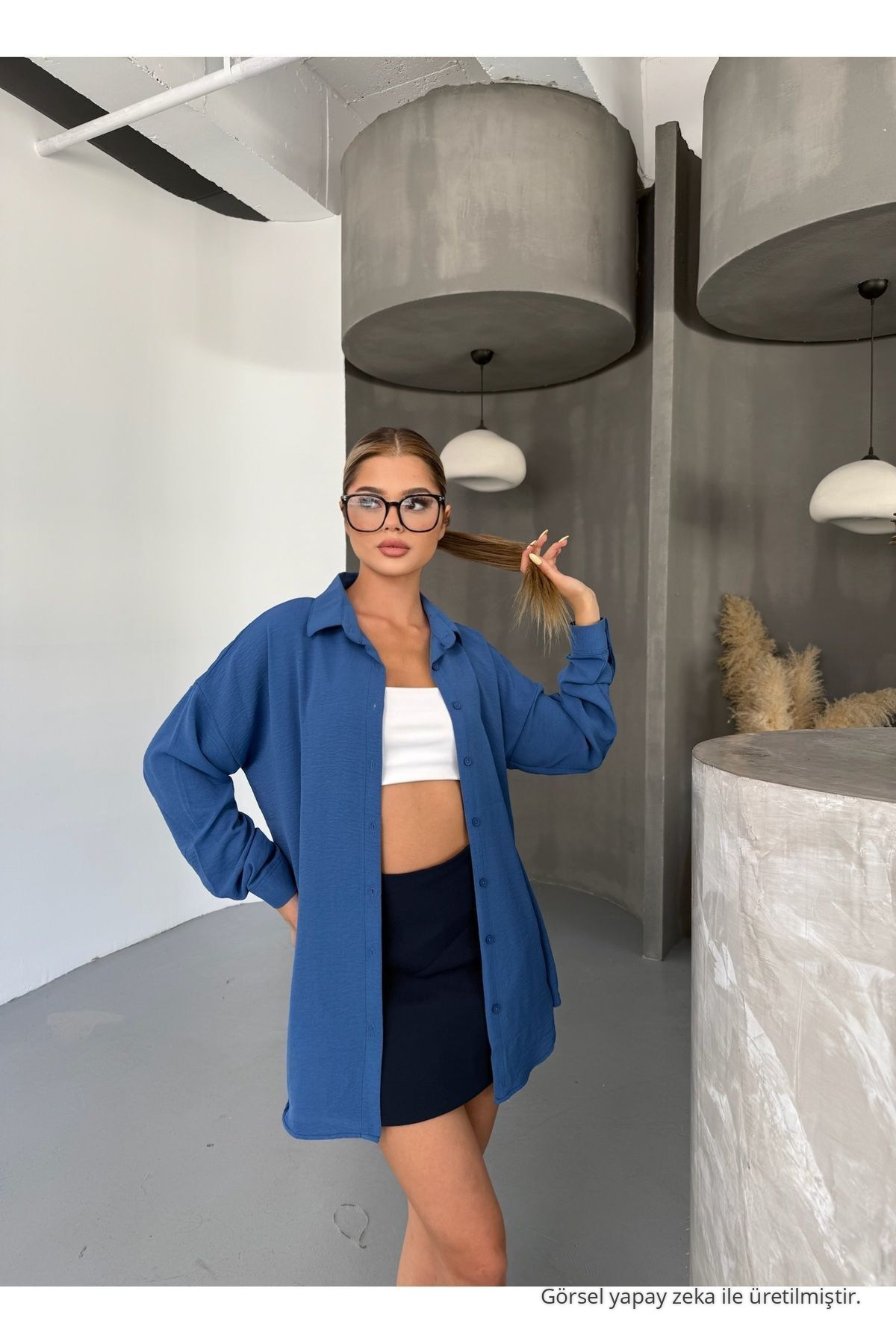 Kadın İNDİGO Oversize Keten Ayrobin Gömlek 5
