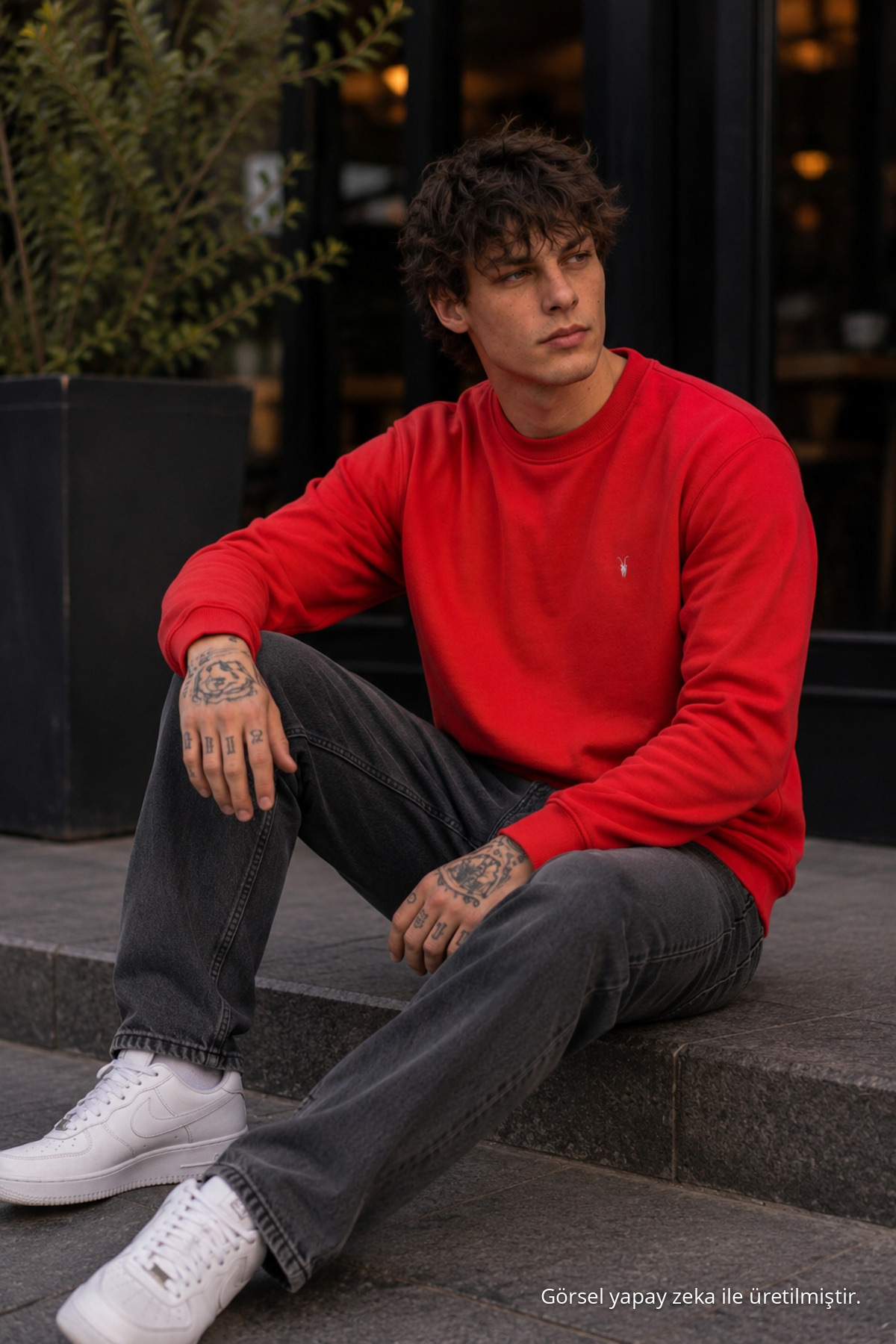 Örme Kışlık Günlük KIRMIZI Erkek Sweatshirt 3
