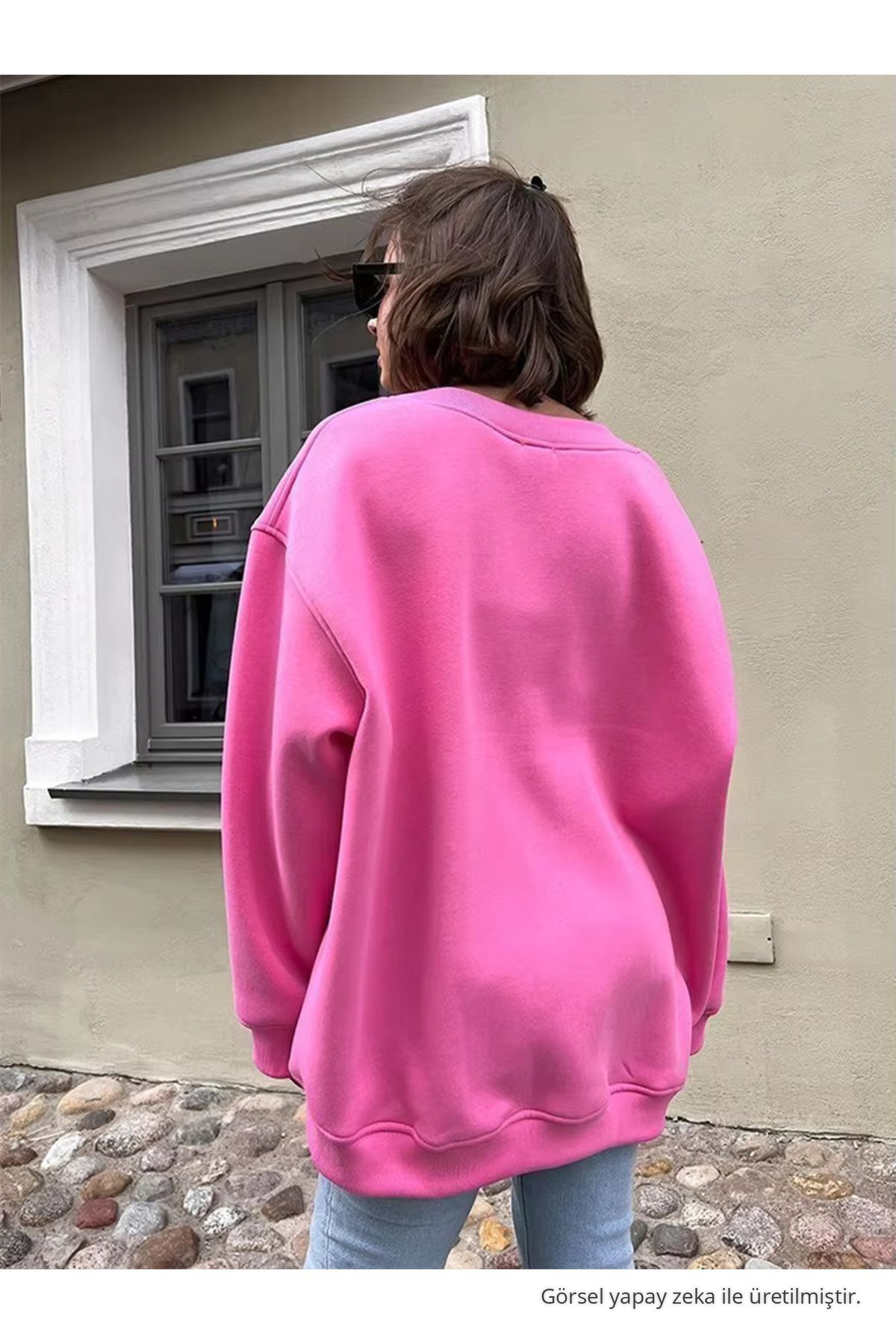 Kadın Bisiklet Yaka İçi Şardonlu, Kışlık Yumuşak Bol Sweatshirt PEMBE 5