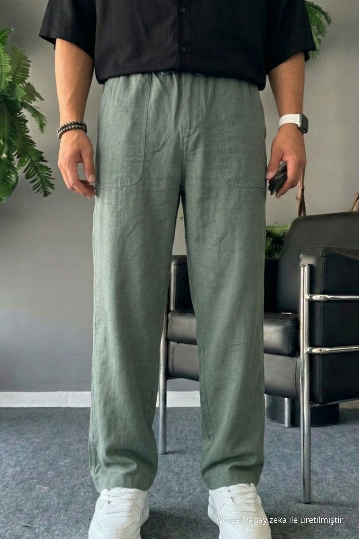 Erkek Beli Lastikli 3 Lü Keten Pantolon ANTRASİT 7