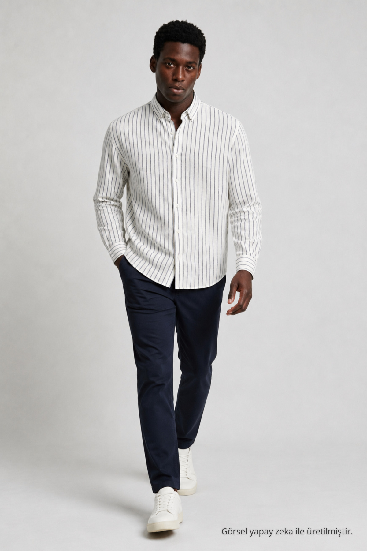 Erkek Çizgili Regular Fit L.Beyaz Keten Gömlek Beyaz-Lacivert 3