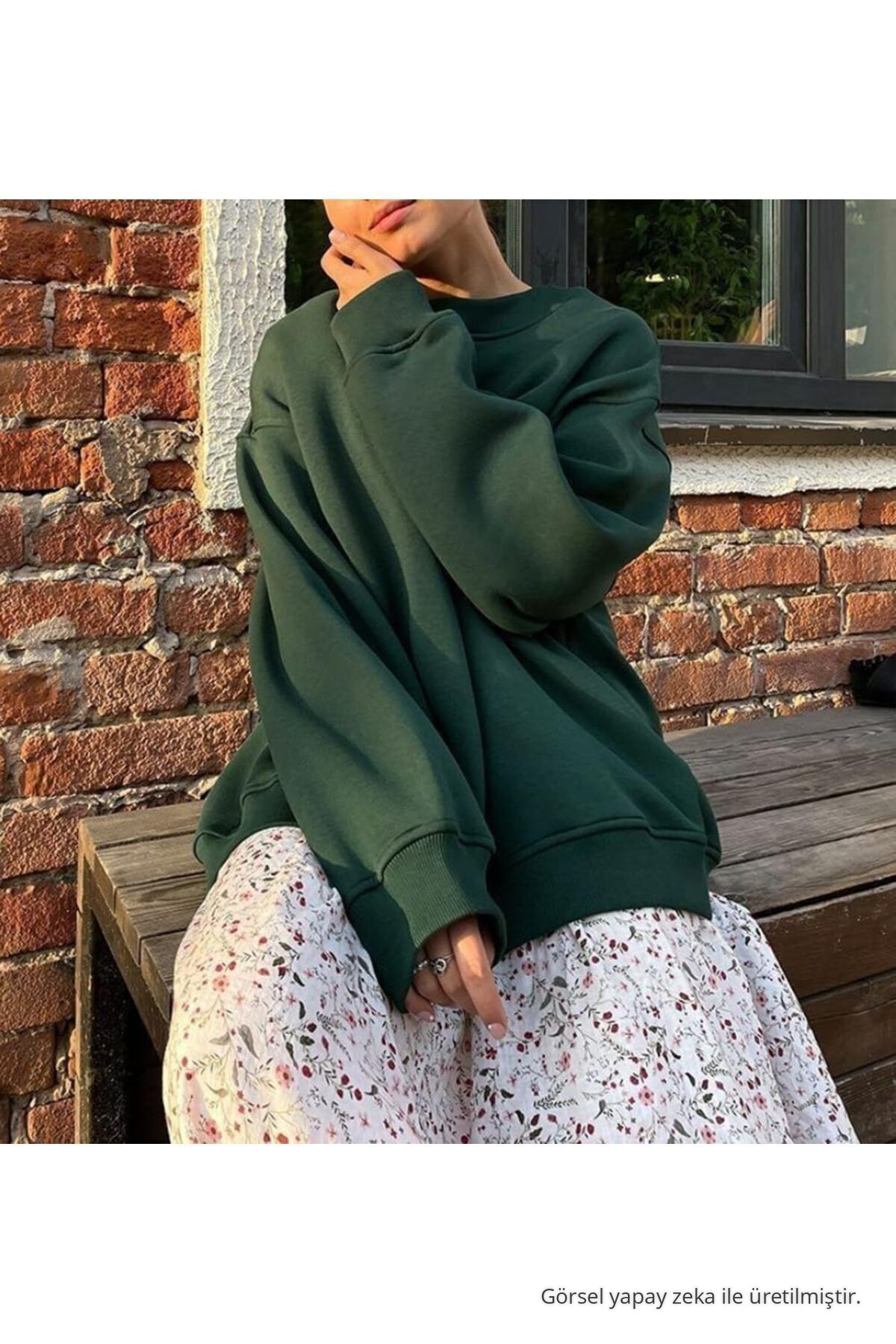Kadın Bisiklet Yaka İçi Şardonlu, Kışlık Yumuşak Bol Sweatshirt KOYU YEŞİL 6