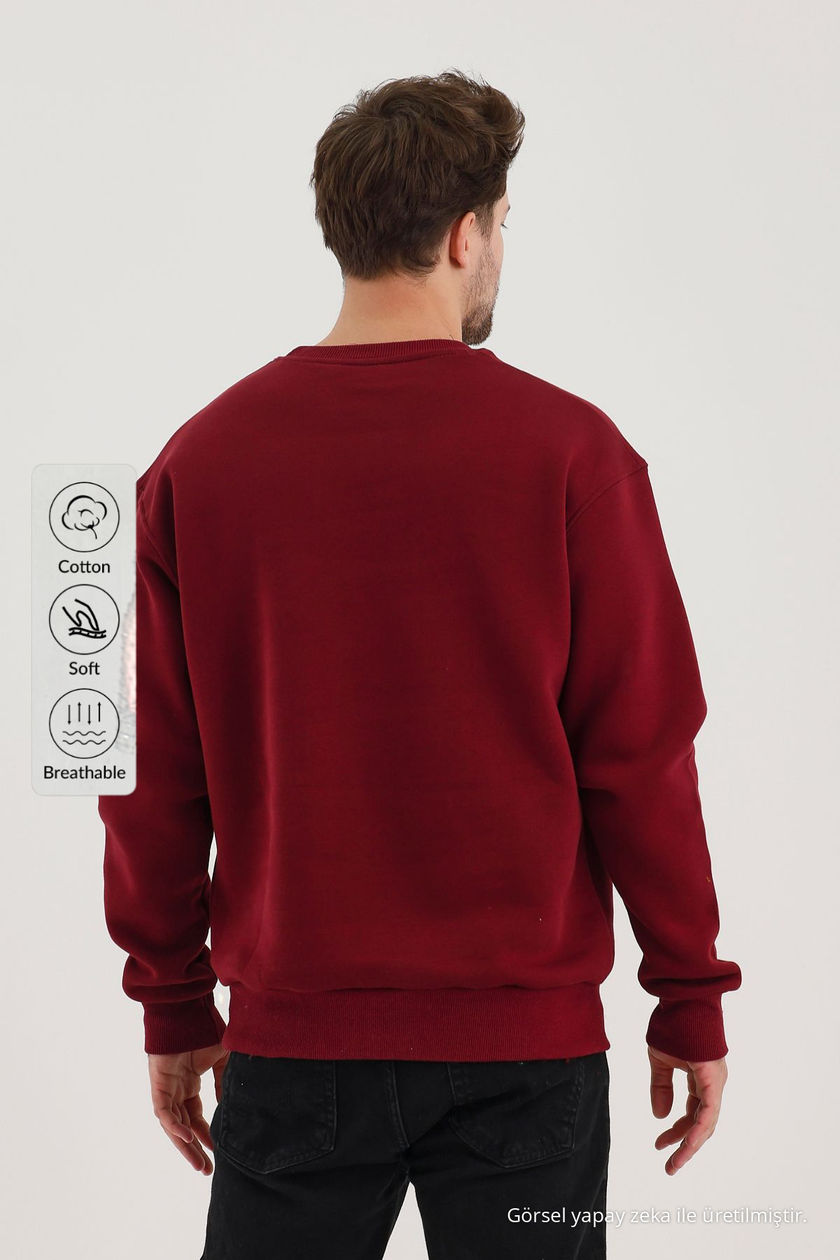 Erkek Bisiklet Yaka Salaş Bordo Sweatshirt 4