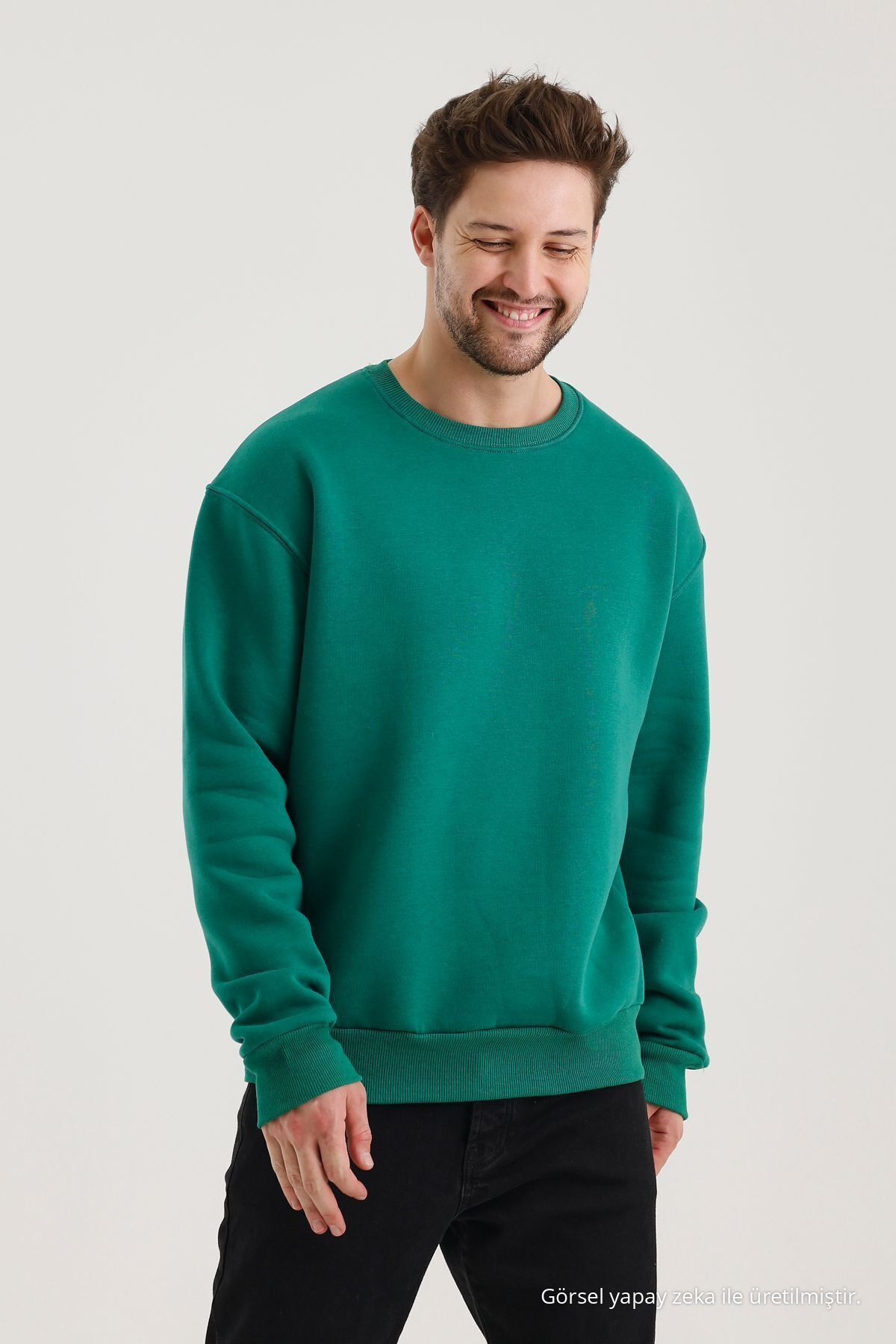 YEŞİL Pamuklu Bisiklet Yaka Oversize Şardonlu Basic Erkek Sweatshirt 4