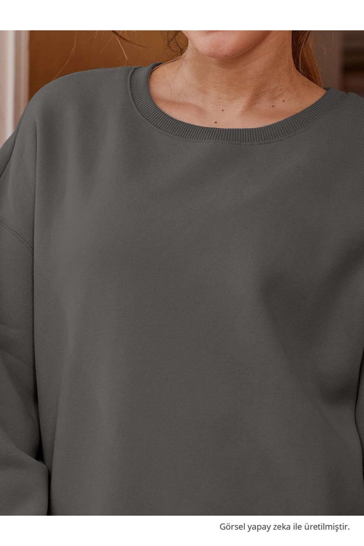 Kadın Oversize Kalın Şardonlu Yumuşak Bisiklet Yaka Sweatshirt Füme 5