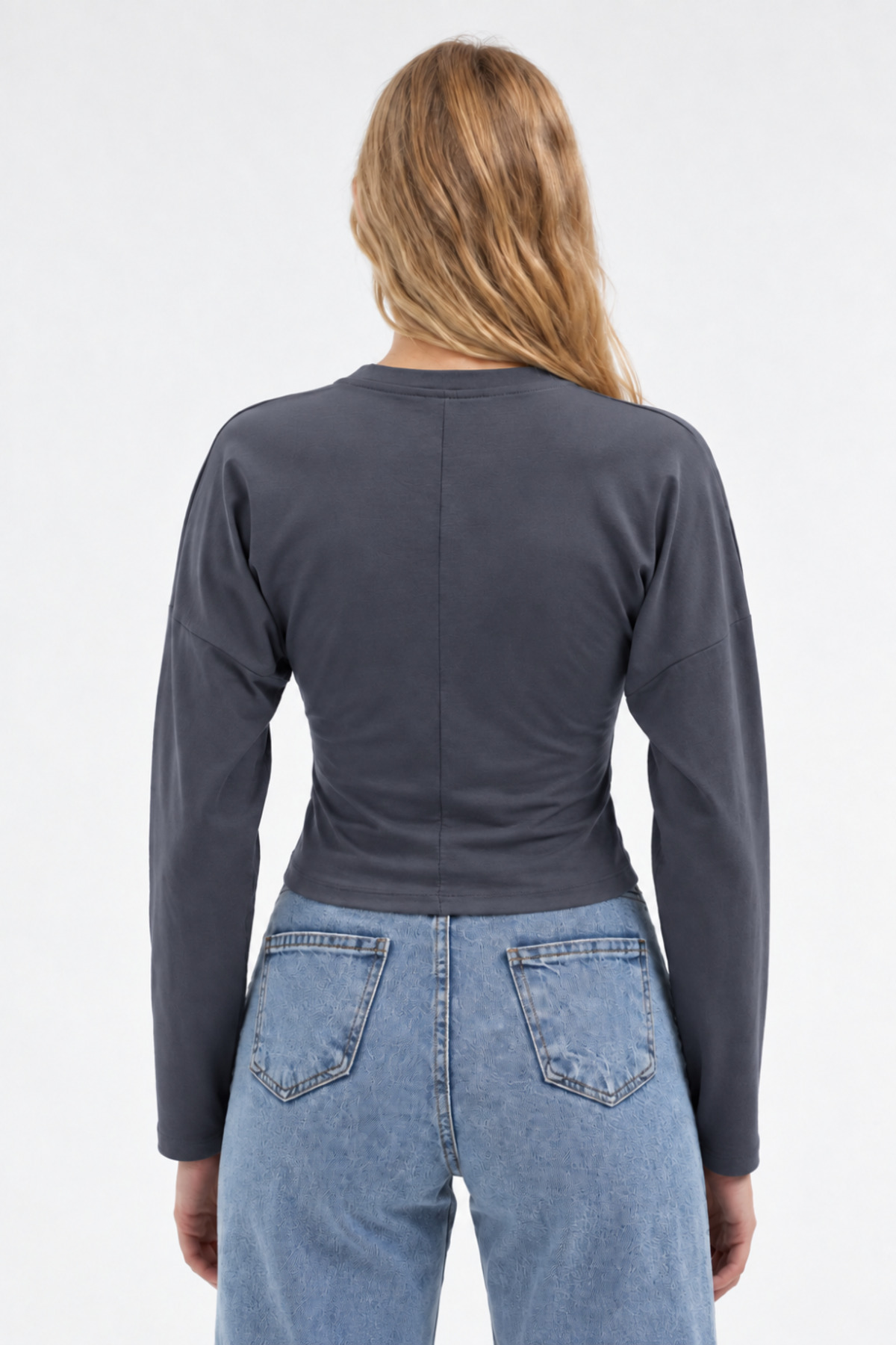 Füme Bisiklet Yaka Uzun Kollu Crop Bluz 3