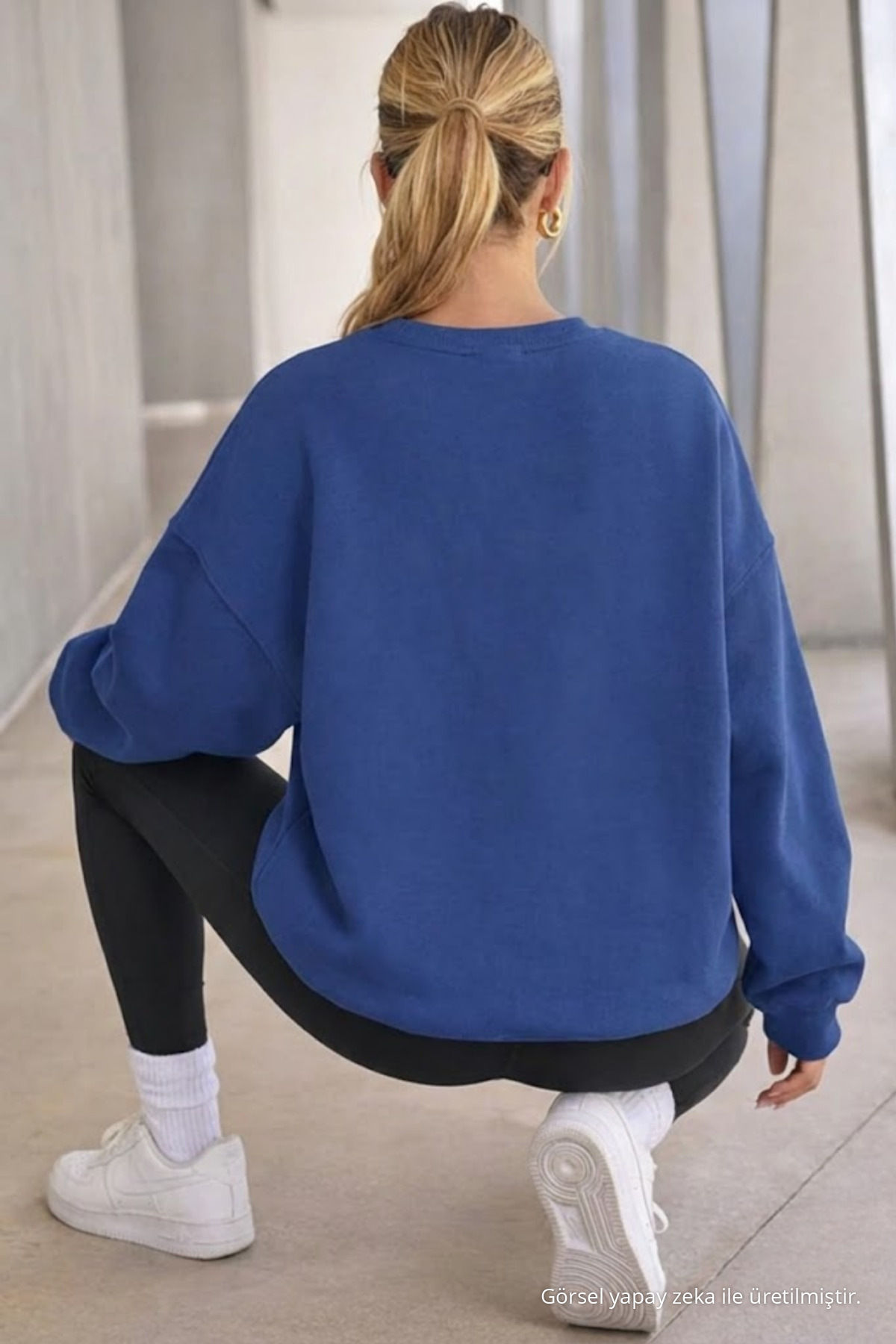 Kadın Bisiklet Yaka Basic Oversize Sweatshirt İNDİGO İndigo 5