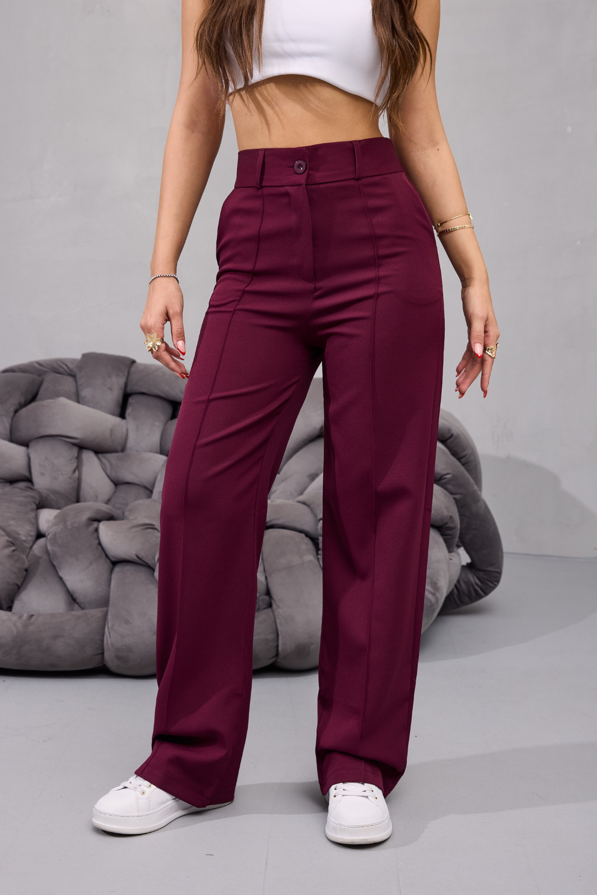 Kadın Yüksek Bel Likralı Geniş Paça Çımalı Rahat Kesim Pantolon BORDO 4
