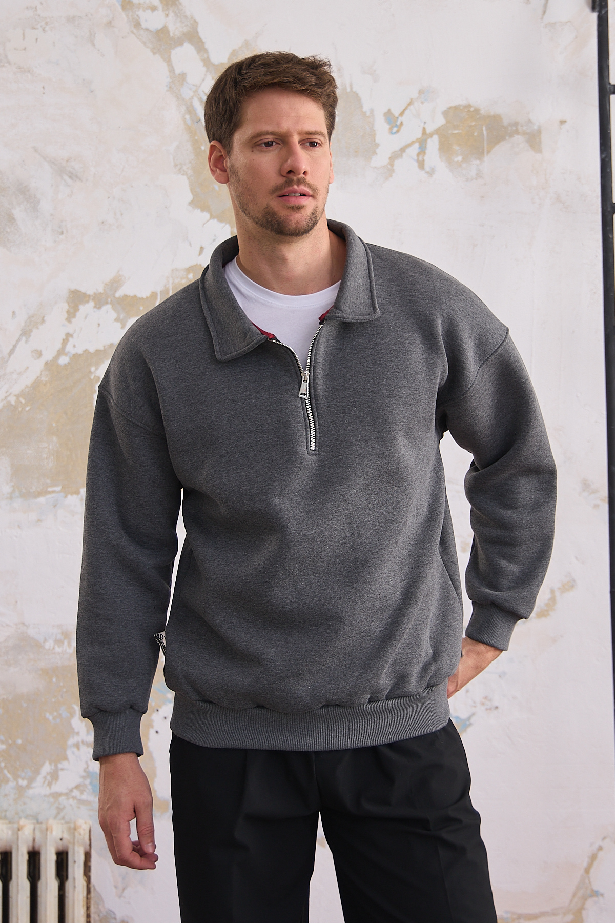 Erkek Yarım Fermuar Rahat Sweatshirt KIRÇILLI FÜME 4