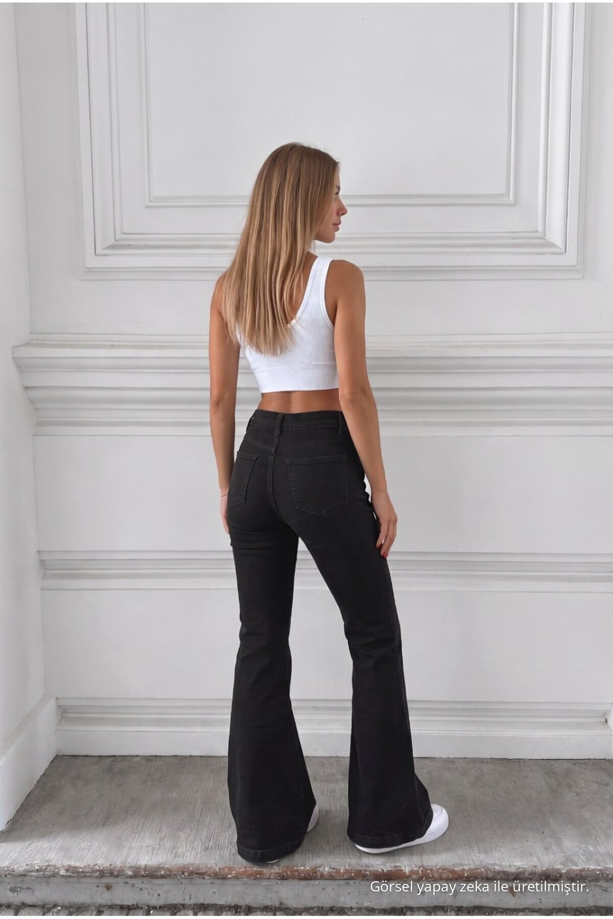 Eskitme Yıkamalı Yüksek Bel Flare/İspanyol Kot Pantolon Siyah 6