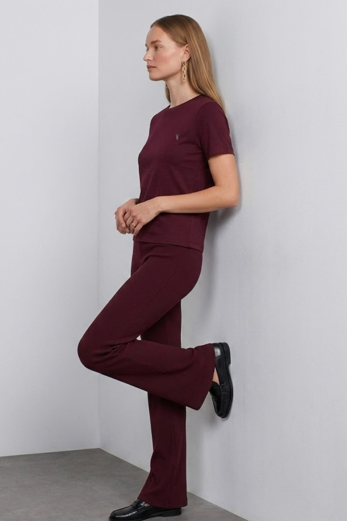 Kadın Comfort Fit Basic Bordo Bol Tişört 4