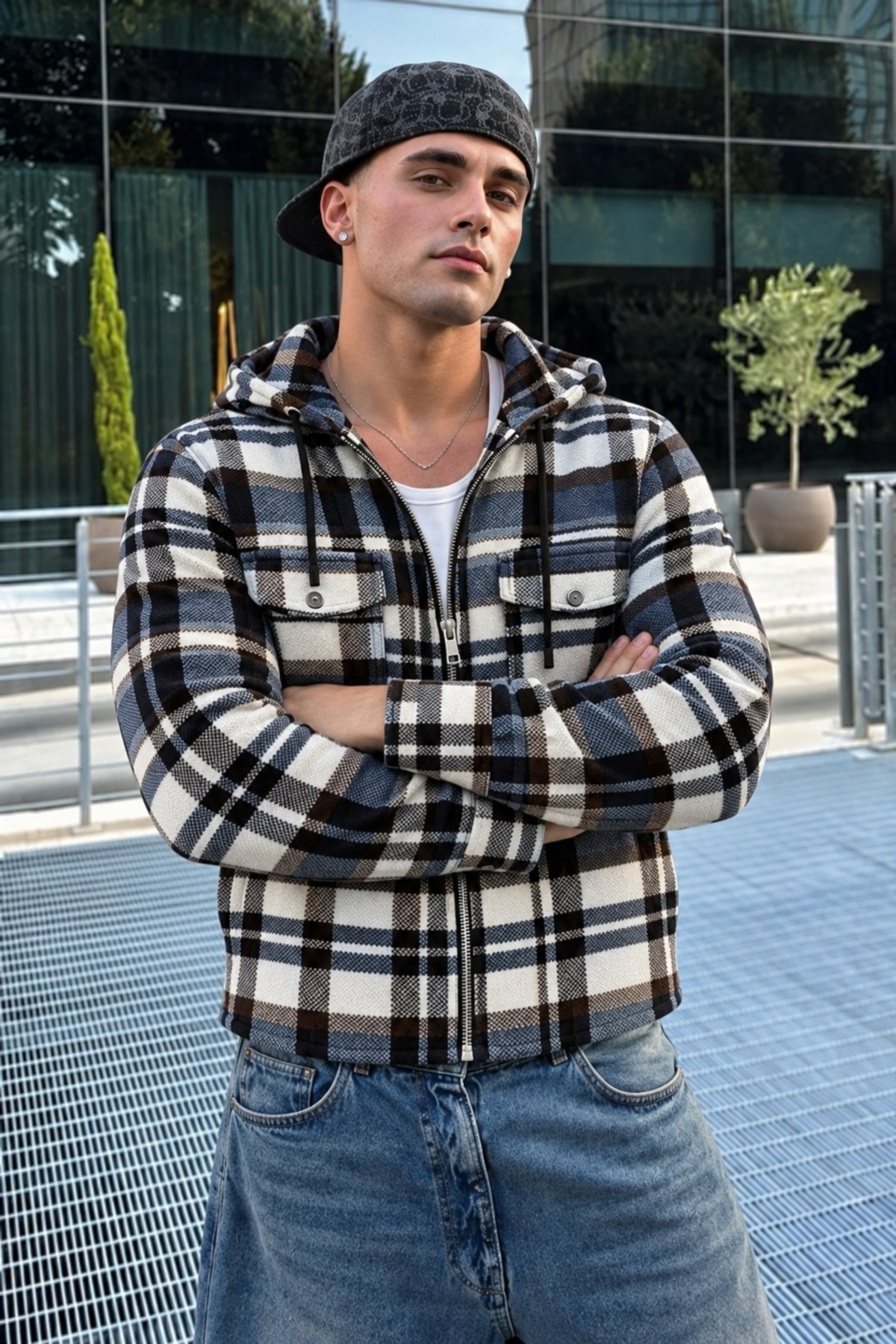 Erkek Ekose Kapüşonlu Casual Fermuarlı Mavi Oduncu Ceket 5
