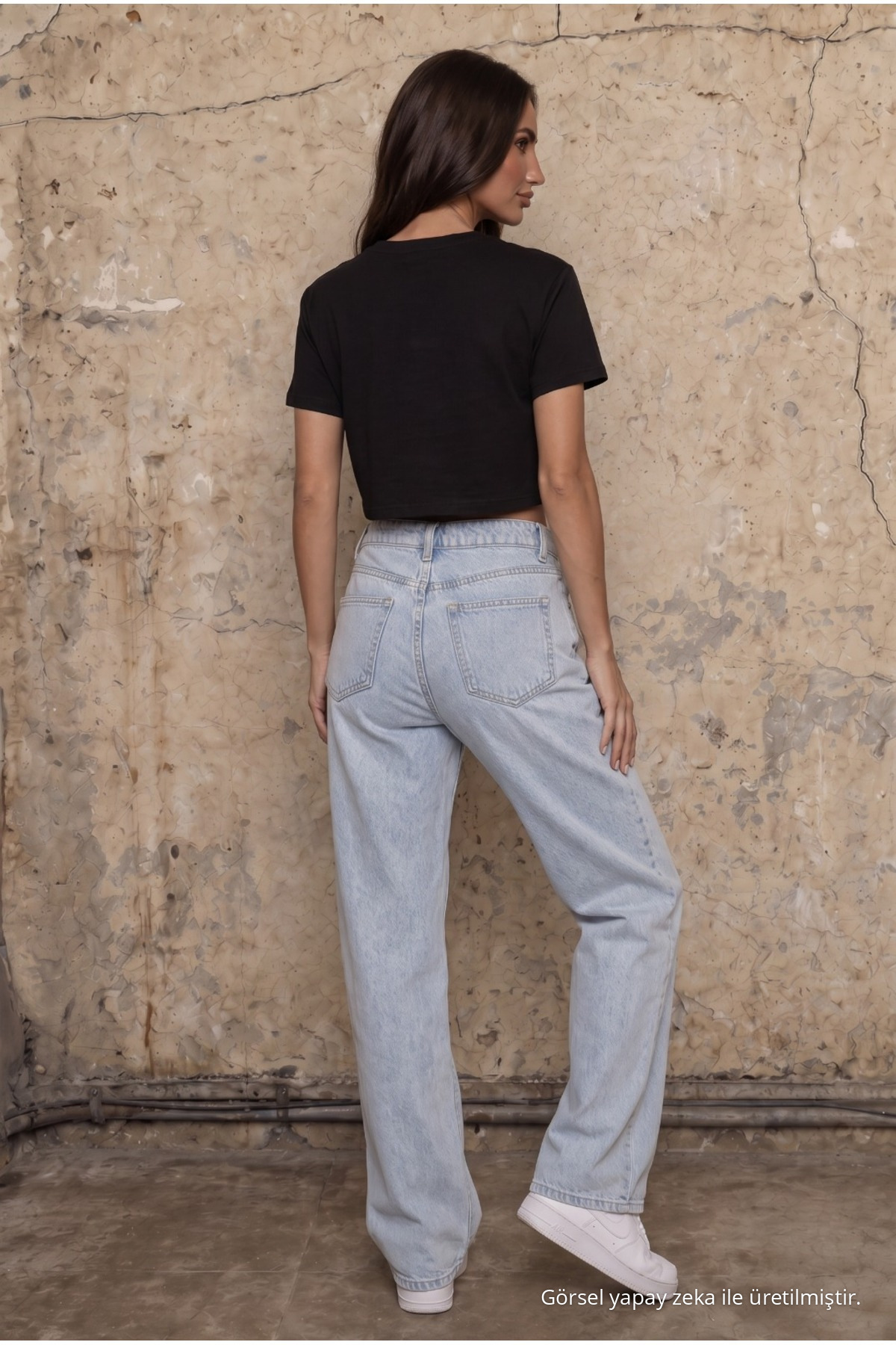 Kadın Yuvarlak Yaka Relaxed Fit Kısa Kol Basic Crop T-Shirt SİYAH 4