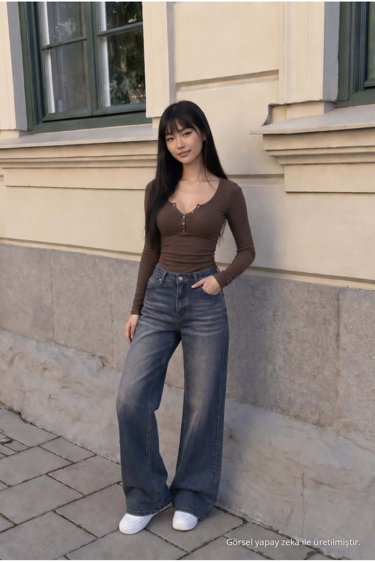Kadın Bol Paça Jean Pantolon High Waist LACİVERT EFEKTLİ 6