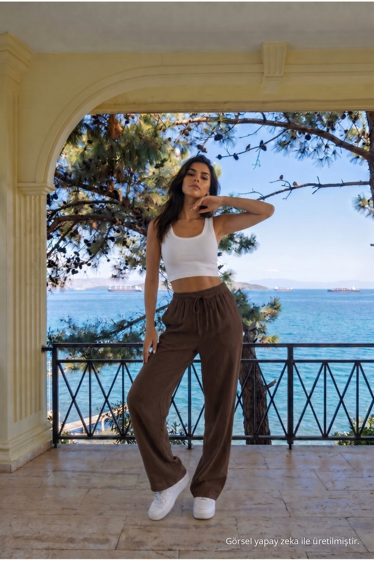 KAHVE Keten Karışımlı Bol Kesim Beli Lastikli Pantolon 6