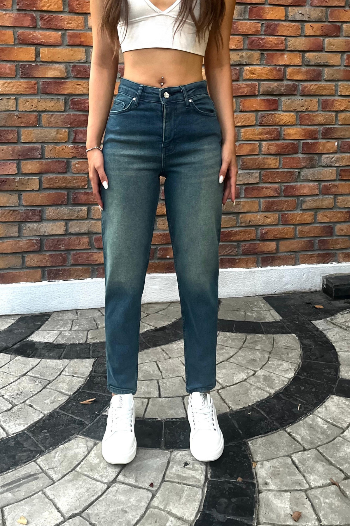 Kadın Yüksek Bel Boyfriend Likralı Kot Pantolon Koyu Mavi 3