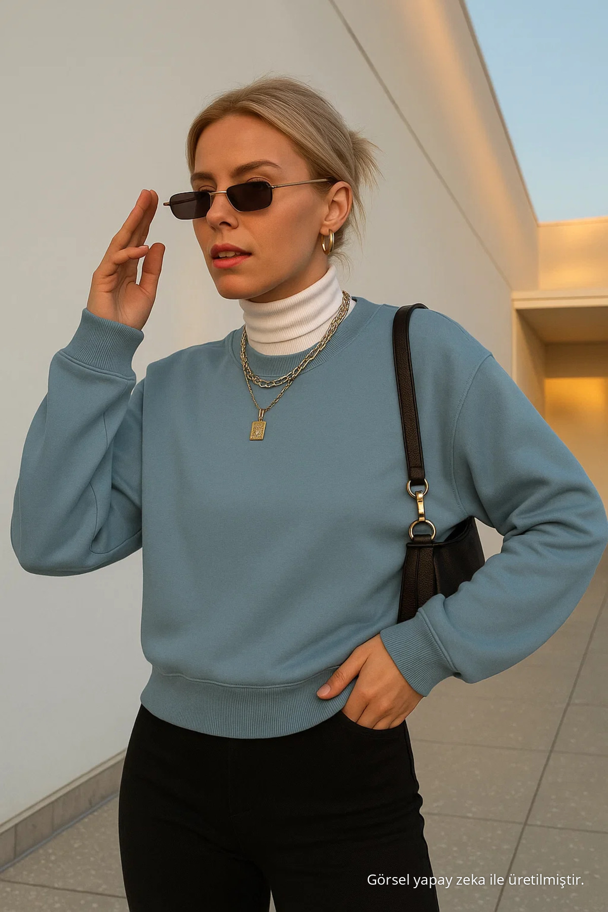 Kadın Basic Oversize Kışlık Mavi Sweatshirt 5