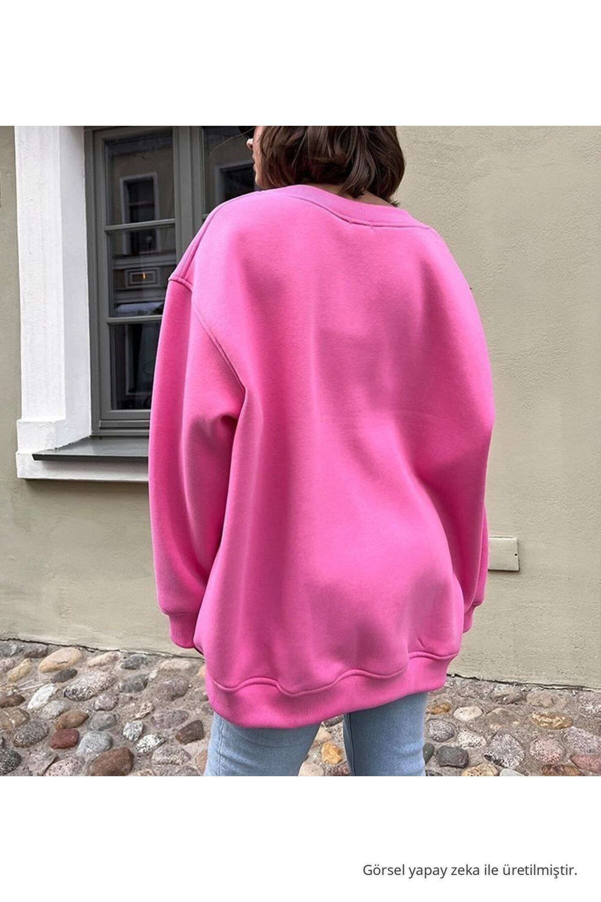 Kadın Bisiklet Yaka Oversize Pembe Sweat 3