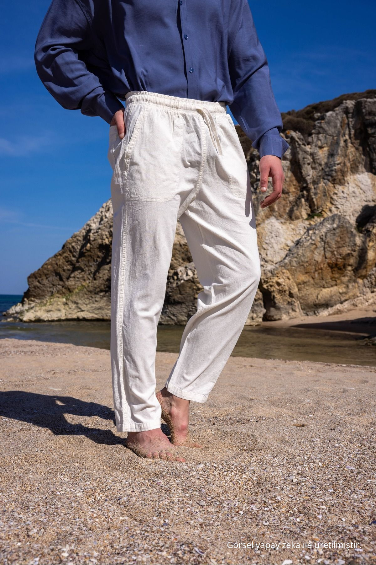 RELAXED FIT PAMUKLU KIRIK BEYAZ KETEN PANTOLON 8