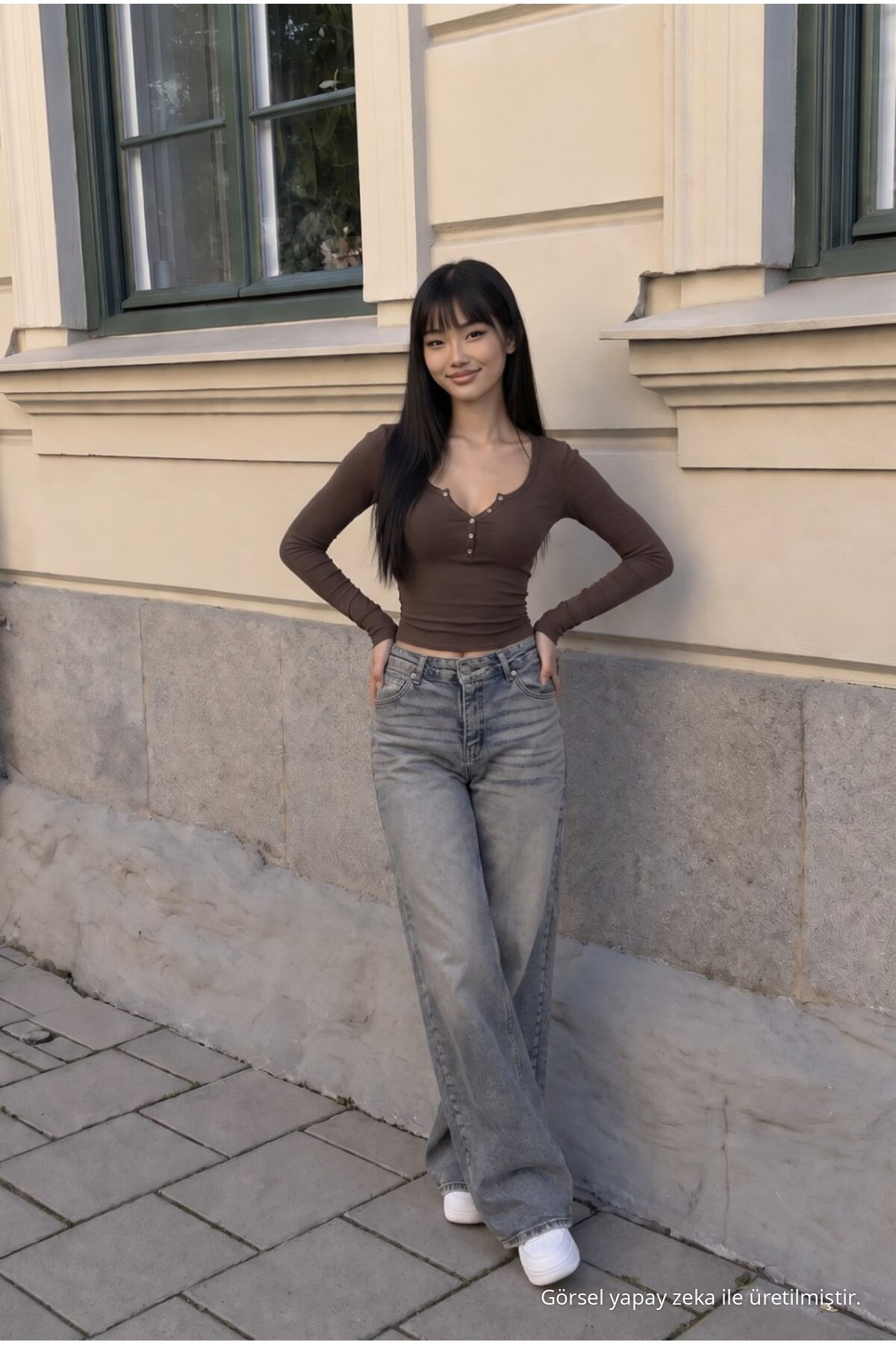 Kadın Bol Paça Jean Pantolon High Waist Gök Mavi 5