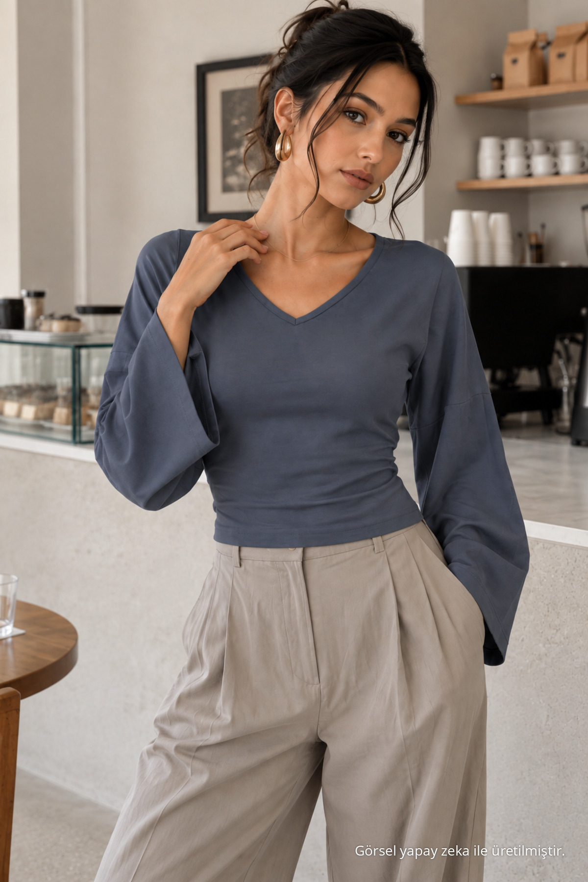 Kadın Casual Belden Oturtma Füme Bluz 4