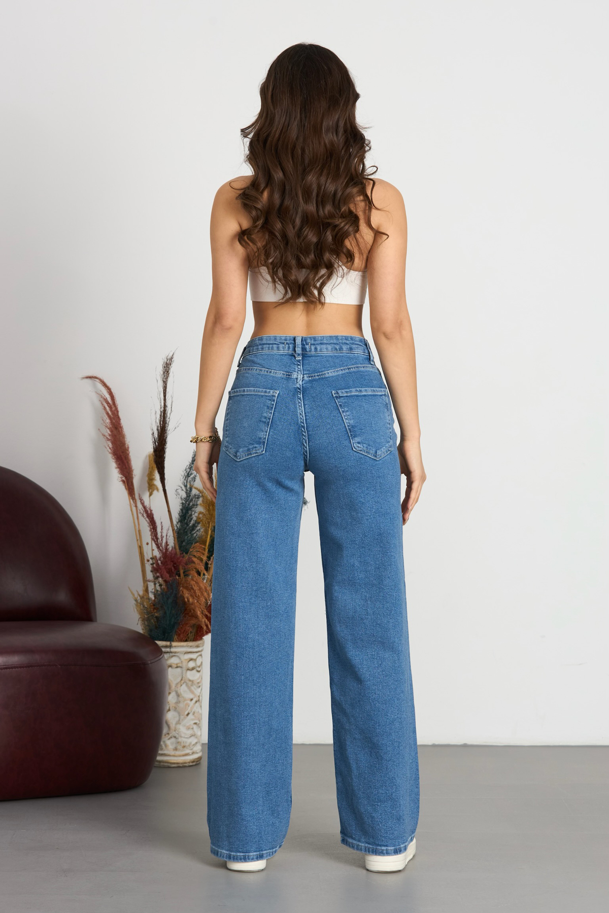Kadın 90's Esnek Wide Leg Salaş Palazzo Kot Pantolon Mavi 5
