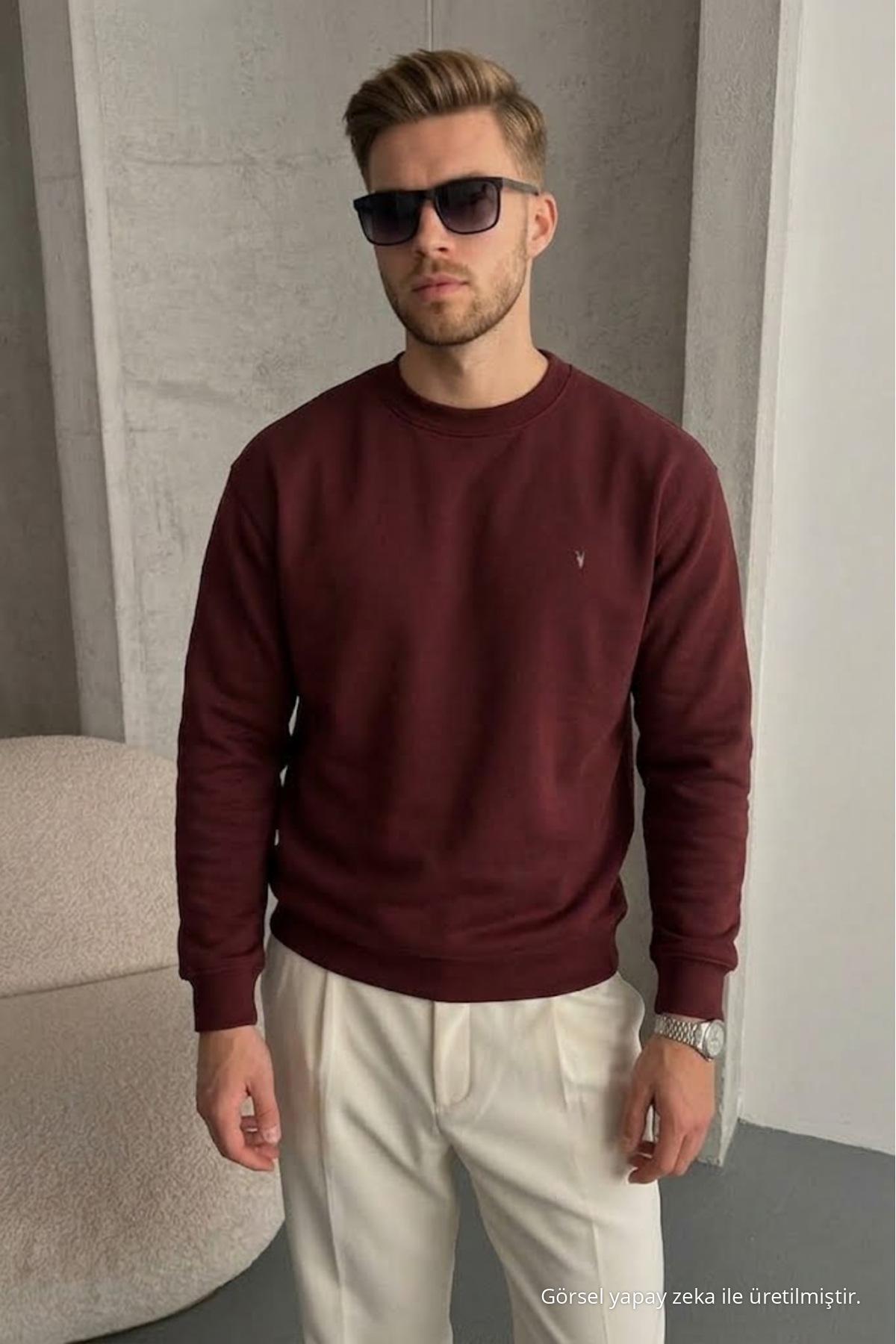 Erkek Loose Dokulu Flare Bordo Sweatshirt 6