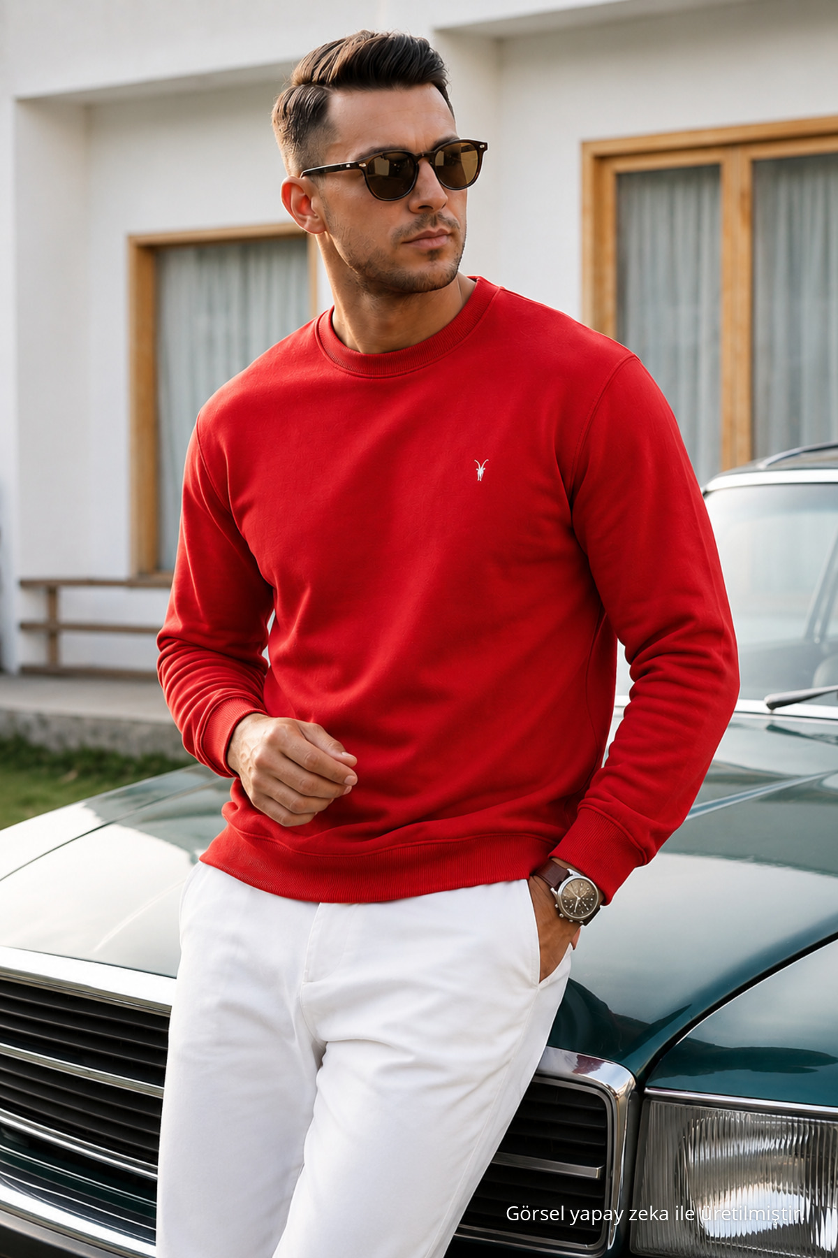 KIRMIZI Düz Kol Düzenli Erkek Sweatshirt 4