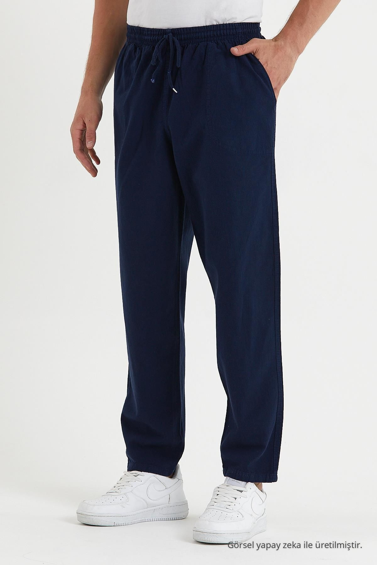 Erkek Beli Lastikli Laci Bol Keten Pantolon LACİVERT 5