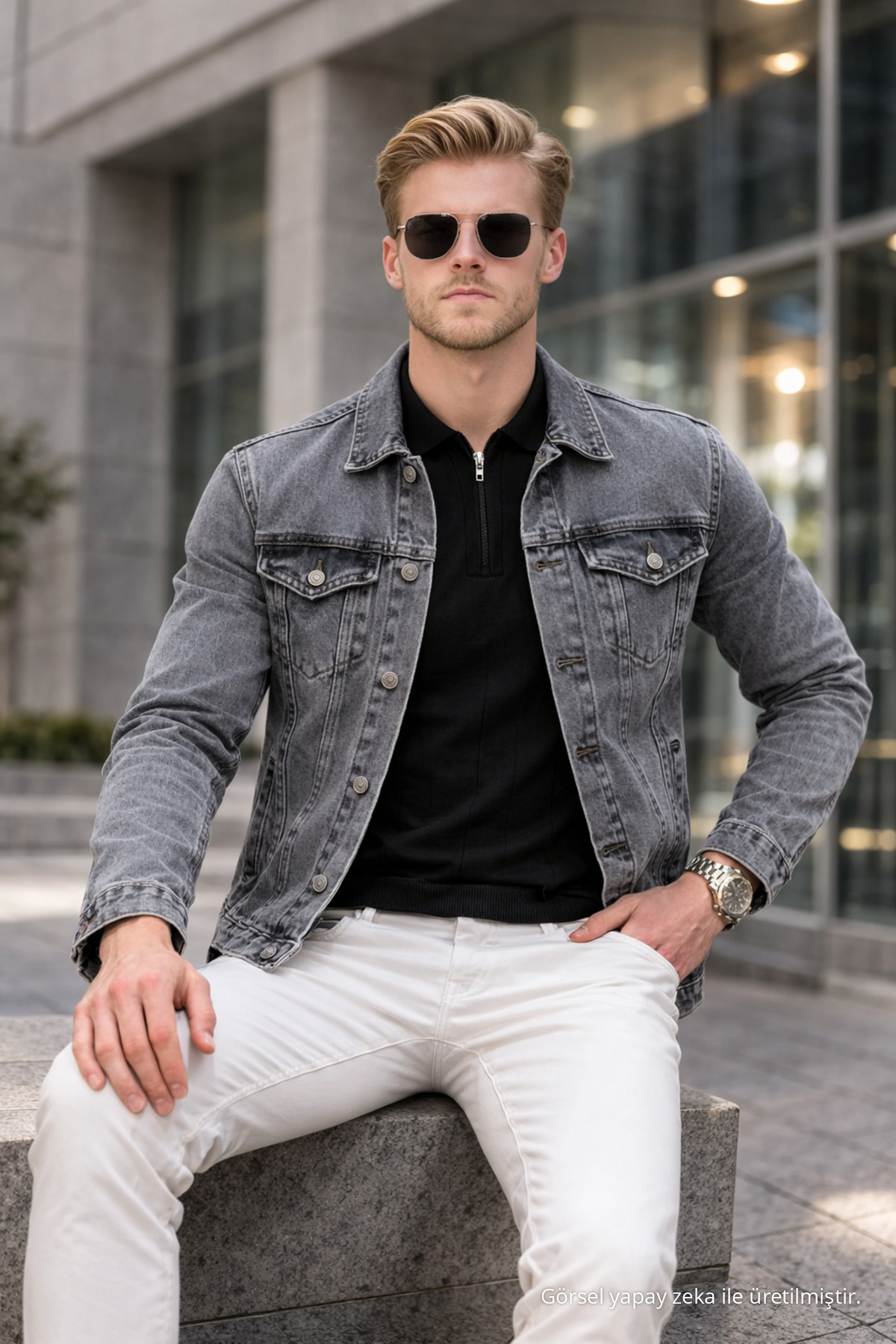 Erkek Mevsimlik Jeans Basic Bol Gri Kot Ceket 5
