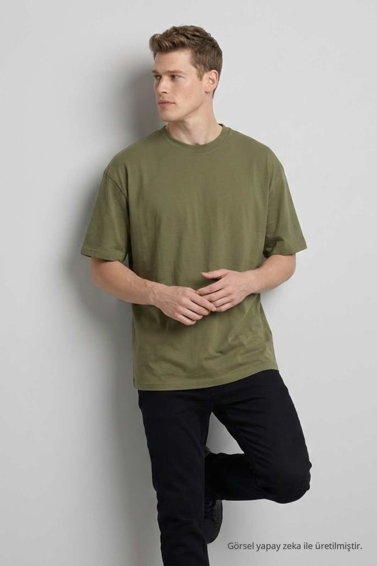 Erkek Pamuklu HAKİ Oversize Tişört 4
