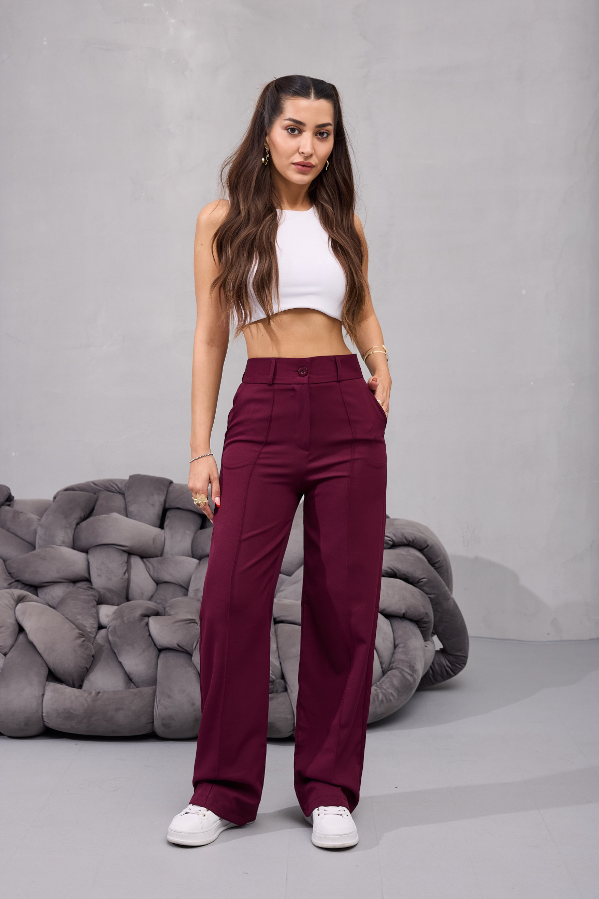 Kadın Yüksek Bel Likralı Geniş Paça Çımalı Rahat Kesim Pantolon BORDO 7