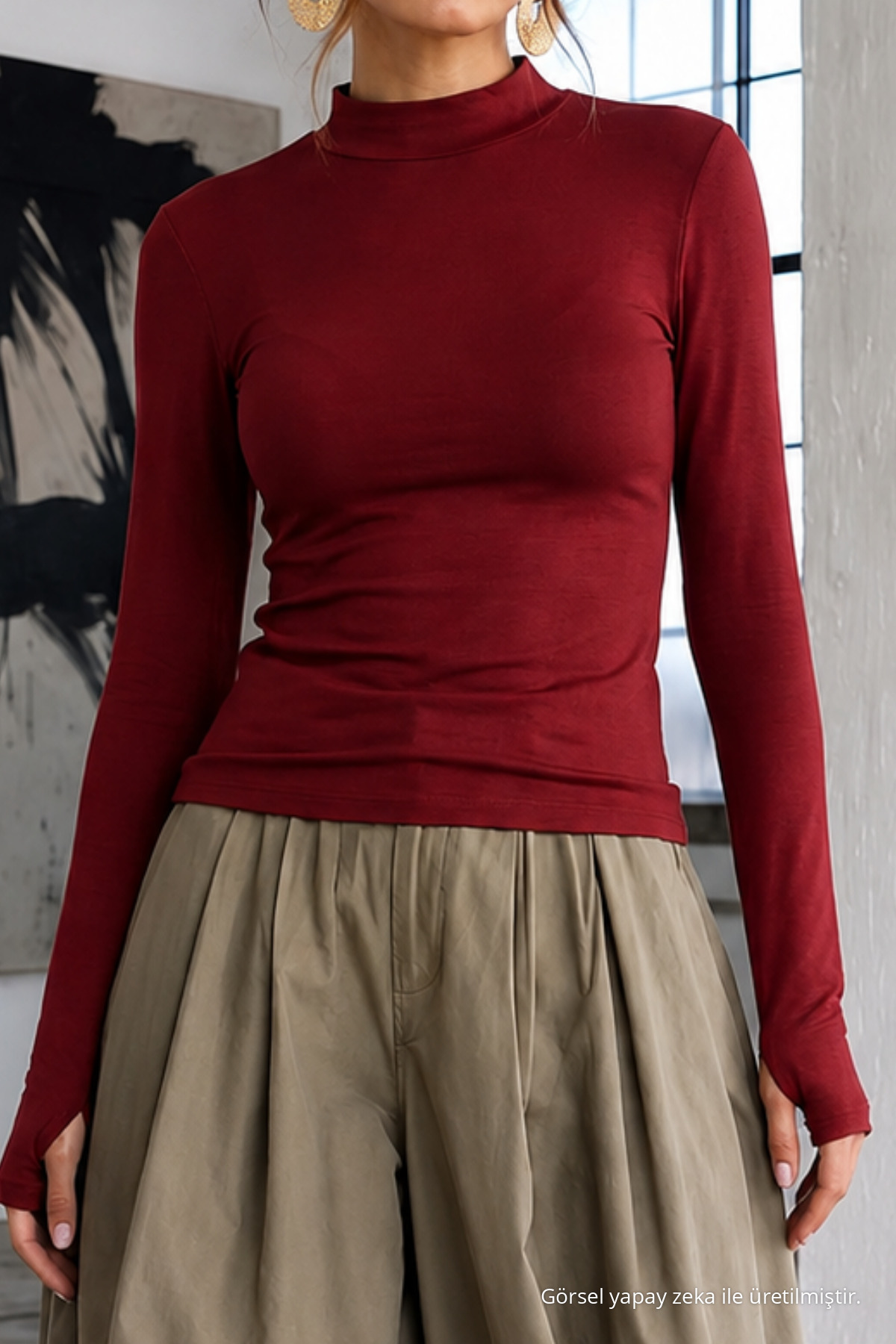 Kadın Slim Kesim Viskonlu Casual Bordo Bluz 5
