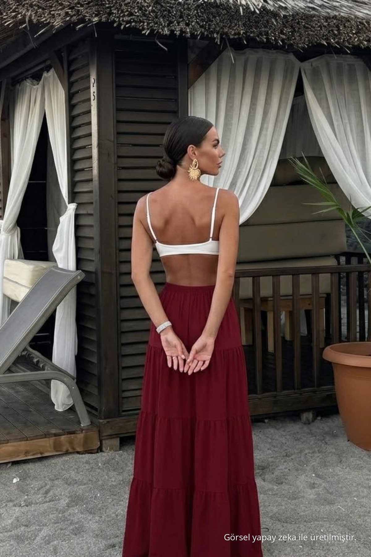 Kadın Comfort Fit Basic Bordo Uzun Kloş Etek 6