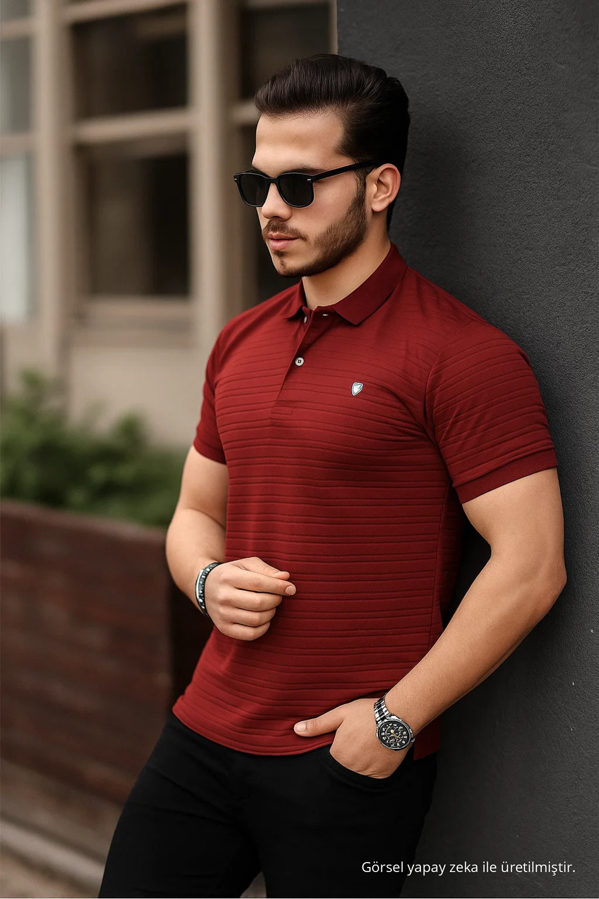 Erkek %100 Pamuklu Kumaş Slim Fit Kesim Bordo Polo Yaka T-shirt 5