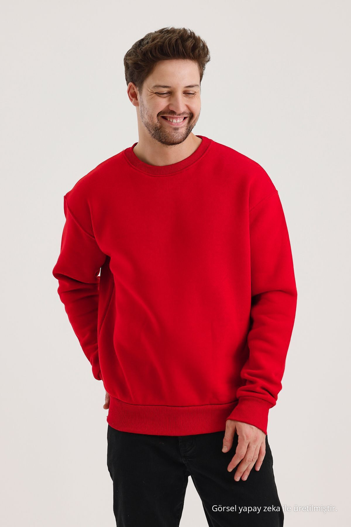 KIRMIZI Bisiklet Yaka Oversize Şardonlu Basic Erkek Sweatshirt 5