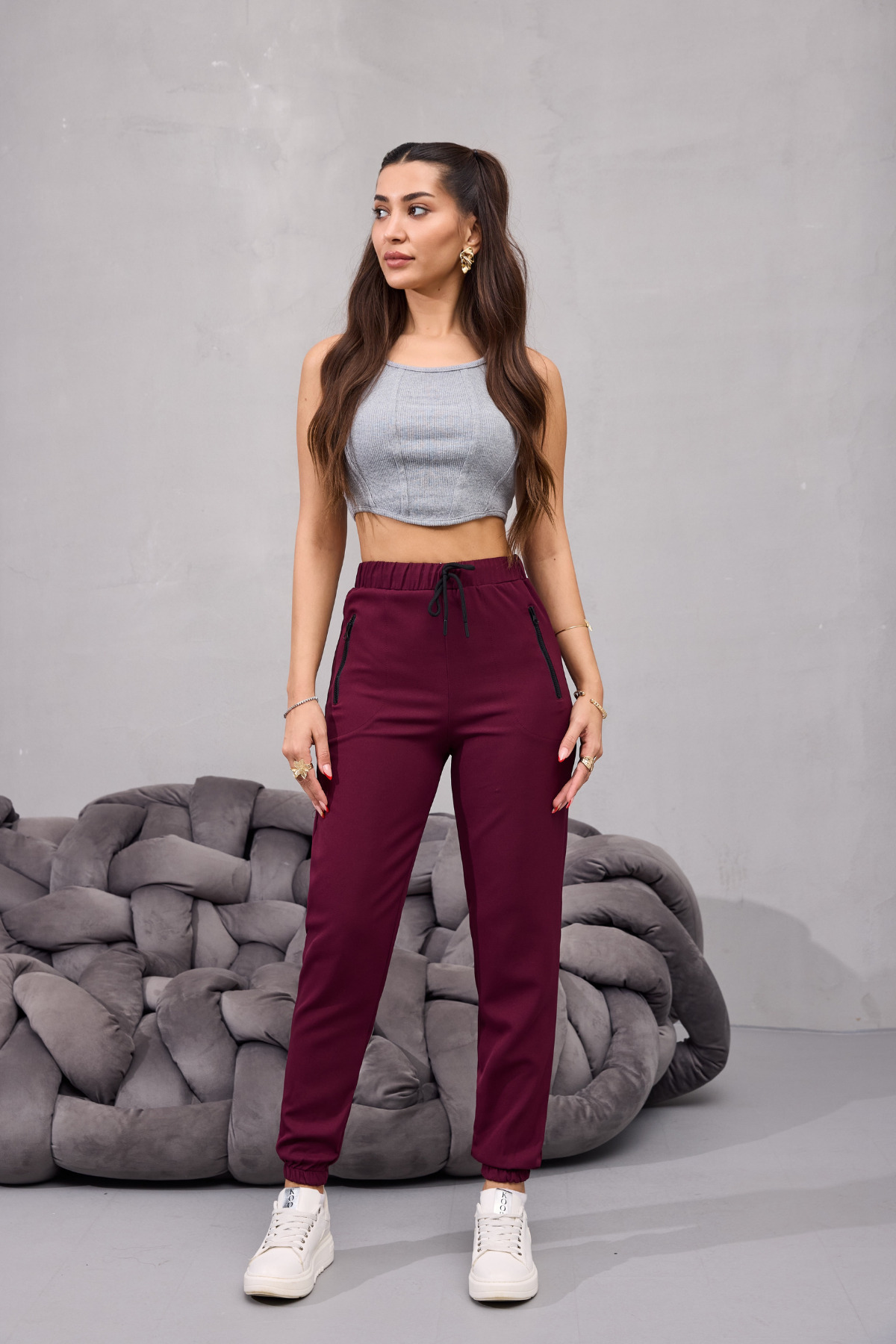 Kadın Yüksek Bel Likralı Rahat Kumaş Jogger Beli Lastikli Pantolon BORDO 4