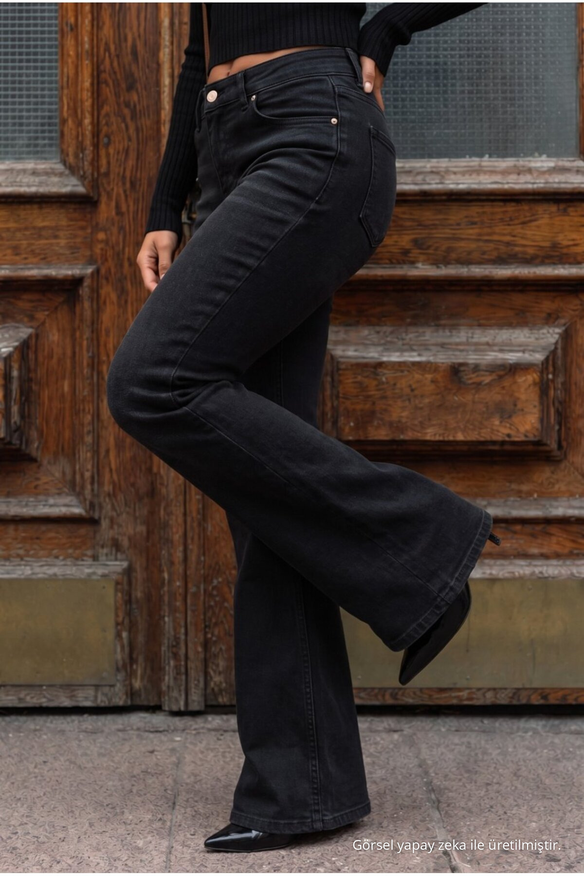 Yüksek Bel Esnek/Likralı Çan Paça Jeans siyah efektli 7